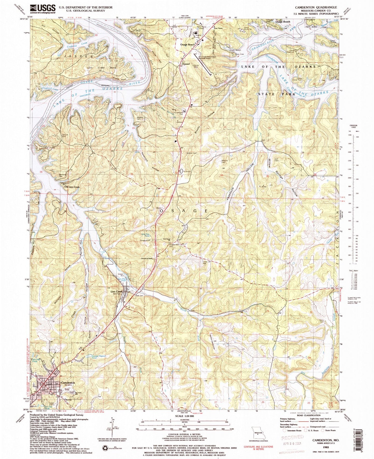 Classic USGS Camdenton Missouri 7.5'x7.5' Topo Map Image
