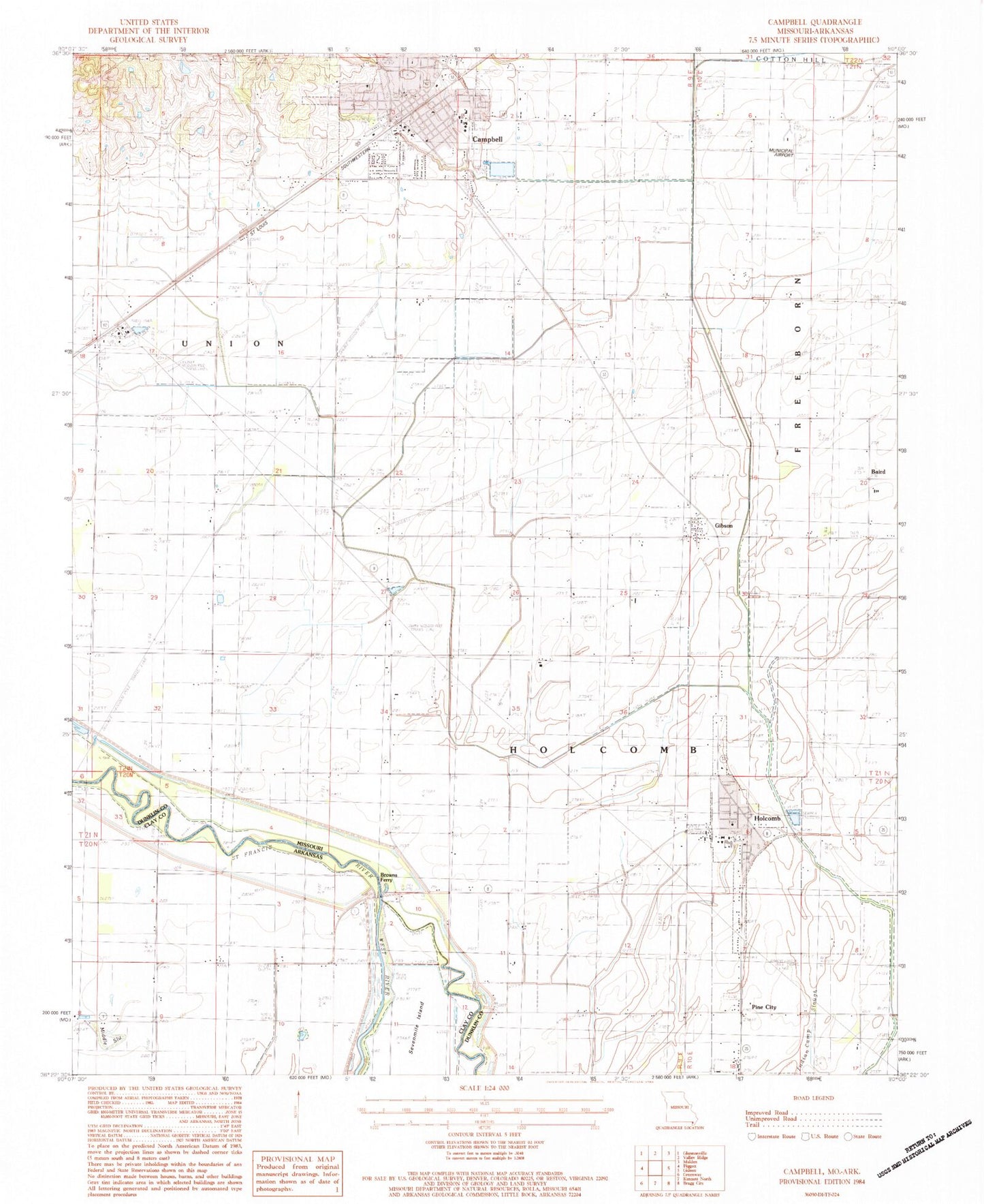 Classic USGS Campbell Missouri 7.5'x7.5' Topo Map Image