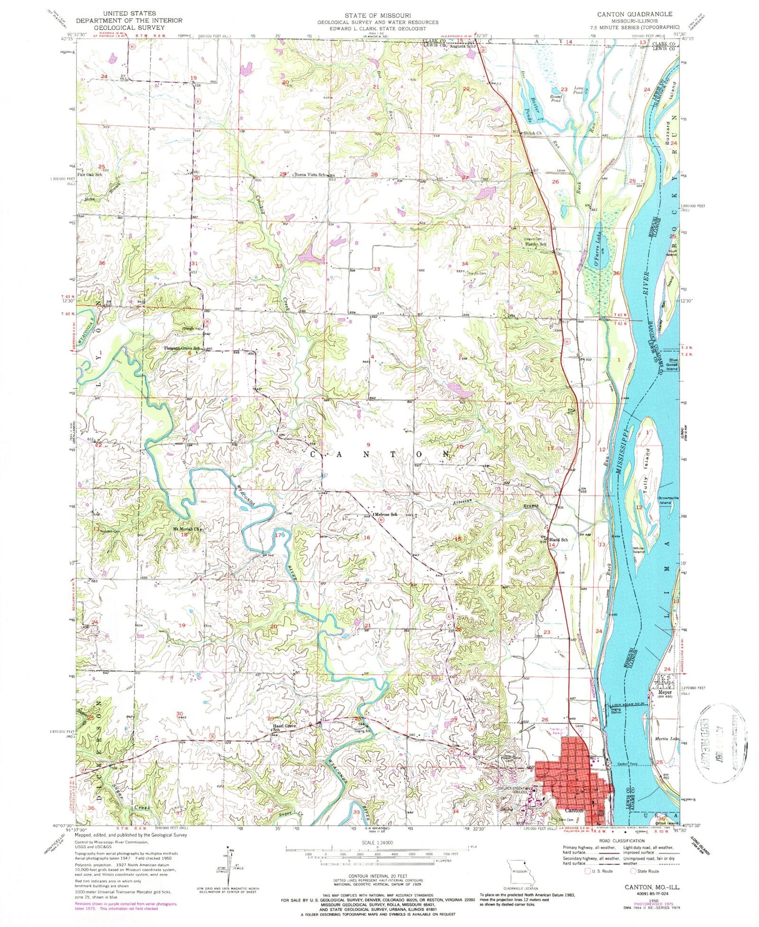 Classic USGS Canton Missouri 7.5'x7.5' Topo Map Image