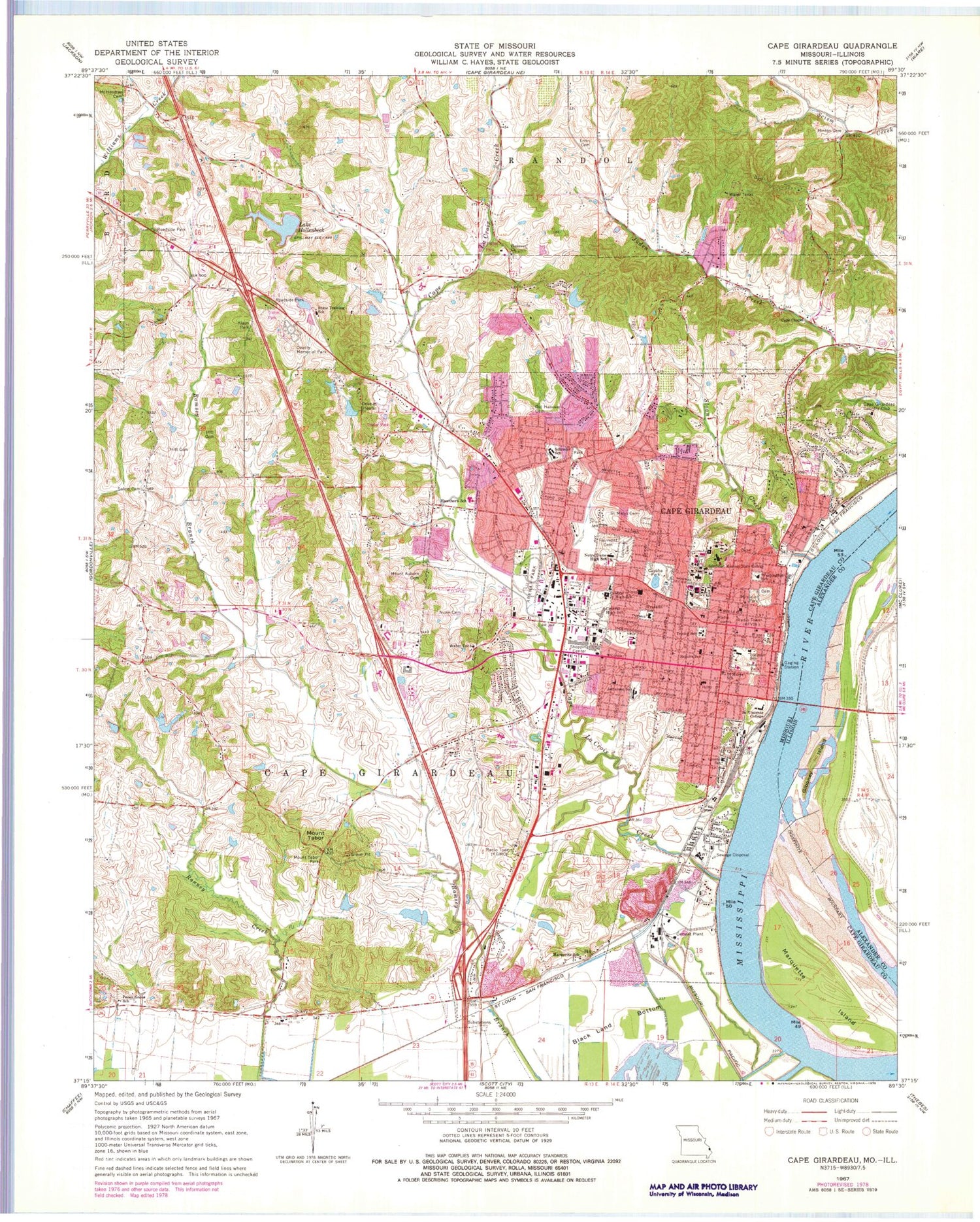 Classic USGS Cape Girardeau Missouri 7.5'x7.5' Topo Map Image