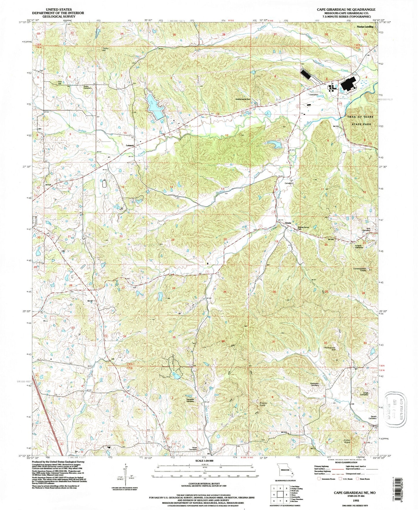 Classic USGS Cape Girardeau NE Missouri 7.5'x7.5' Topo Map Image