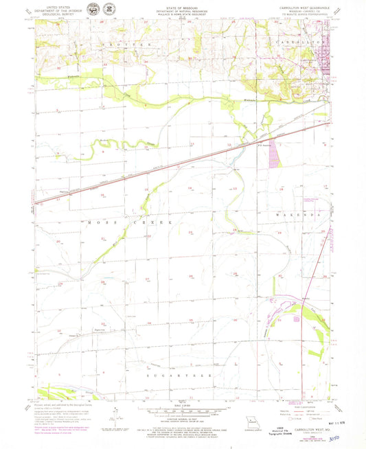 Classic USGS Carrollton West Missouri 7.5'x7.5' Topo Map Image