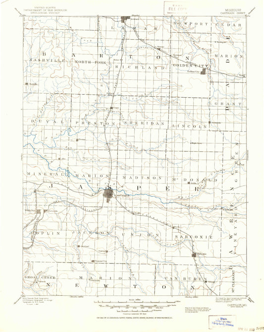 Historic 1894 Carthage Missouri 30'x30' Topo Map Image