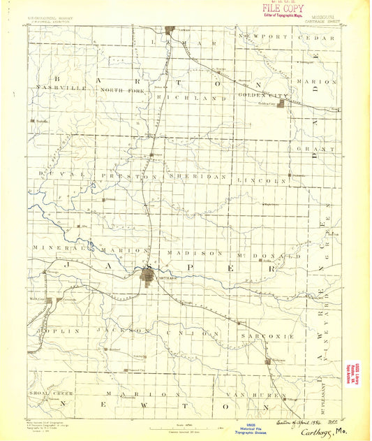Historic 1886 Carthage Missouri 30'x30' Topo Map Image