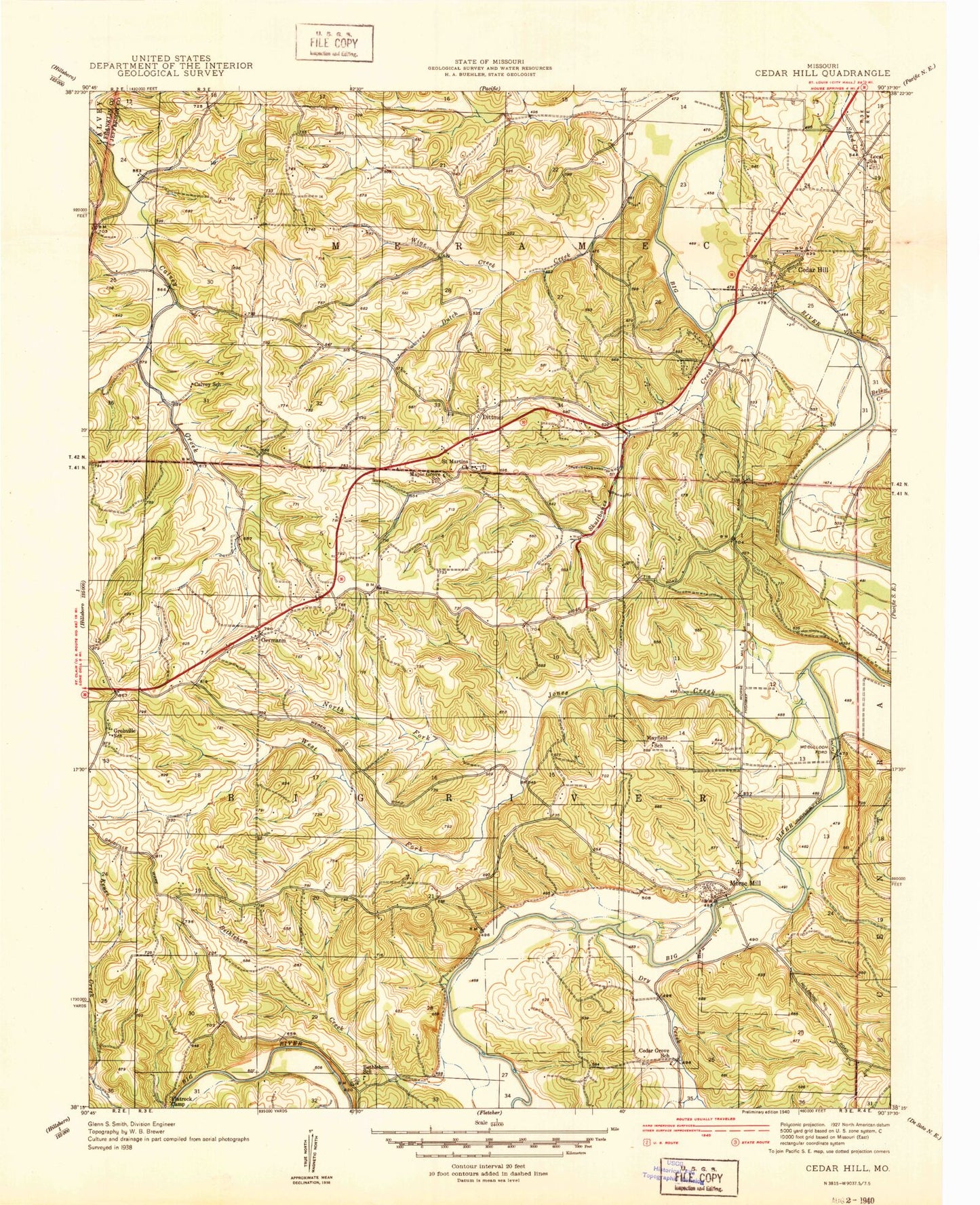 Classic USGS Cedar Hill Missouri 7.5'x7.5' Topo Map Image