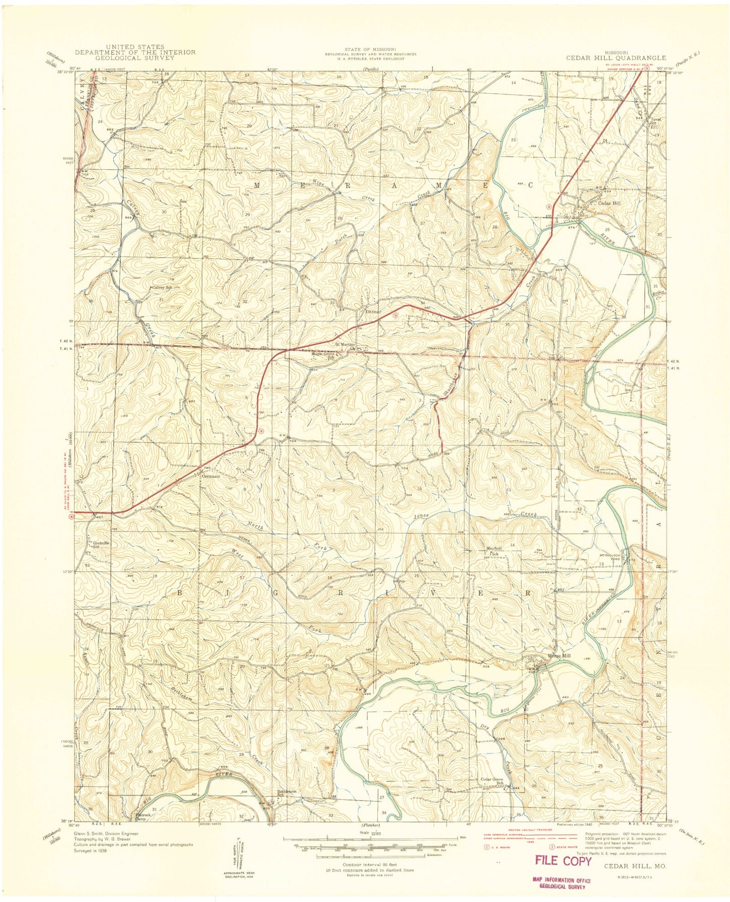 Classic USGS Cedar Hill Missouri 7.5'x7.5' Topo Map Image