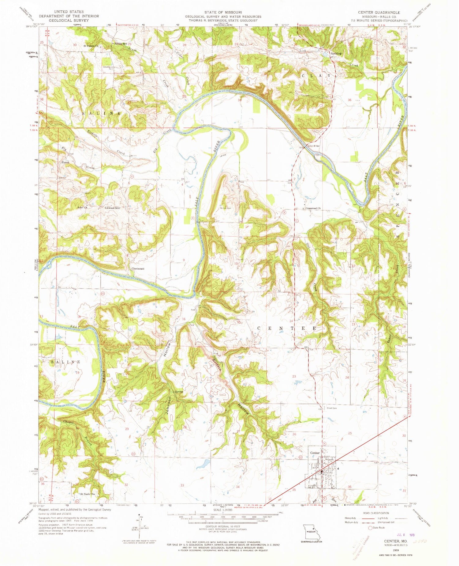 Classic USGS Center Missouri 7.5'x7.5' Topo Map Image