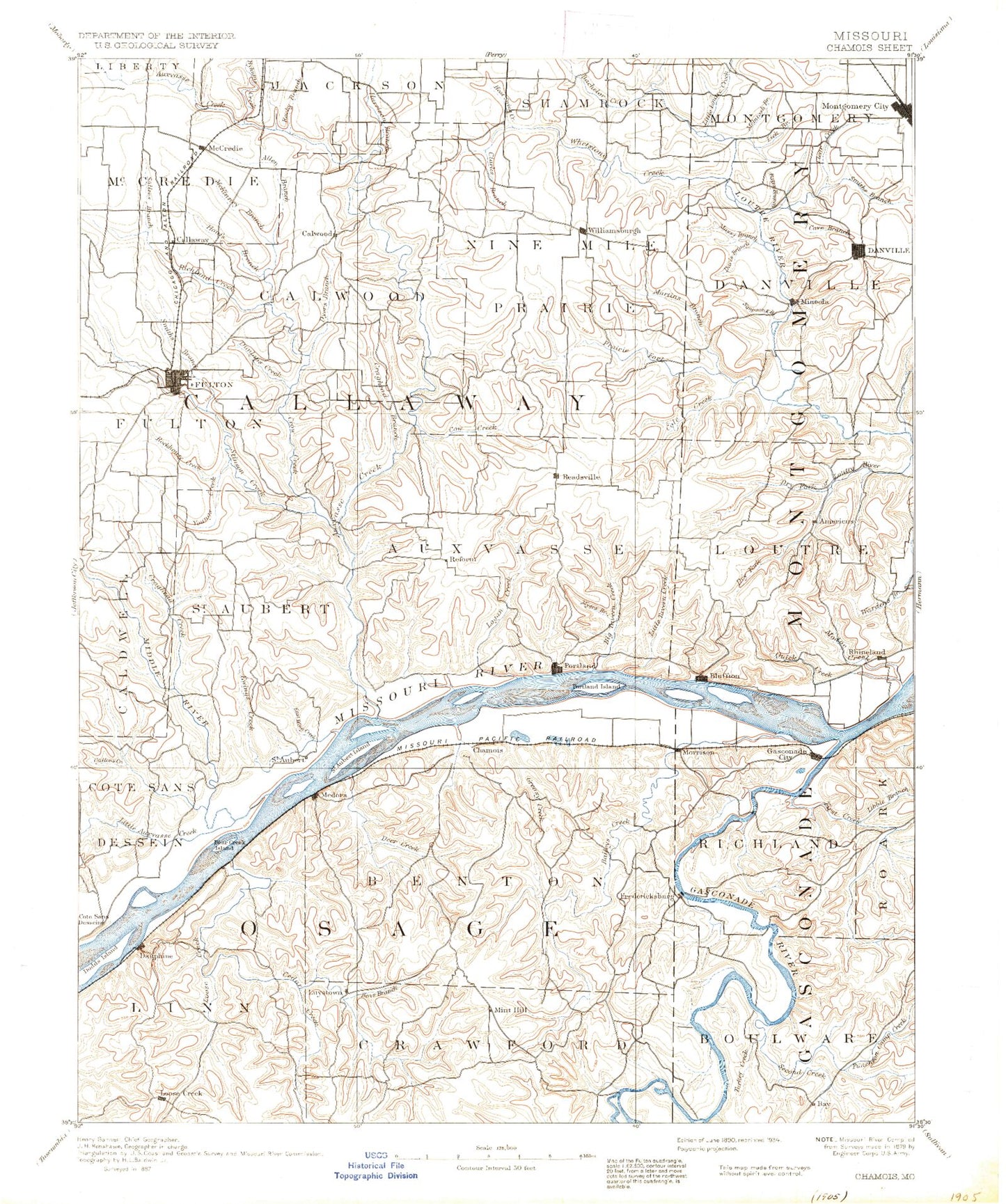Historic 1890 Chamois Missouri 30'x30' Topo Map Image