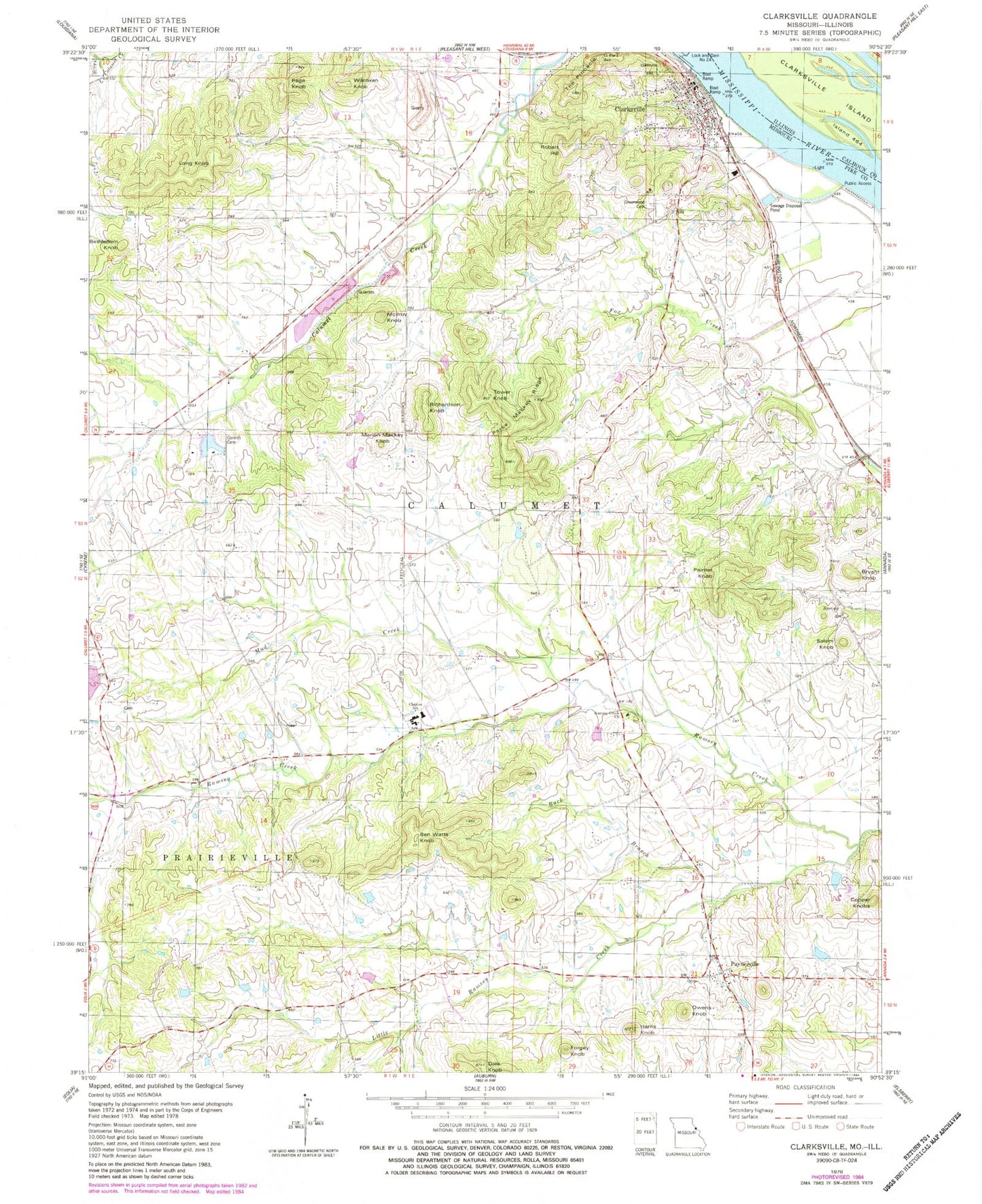 Classic USGS Clarksville Missouri 7.5'x7.5' Topo Map Image