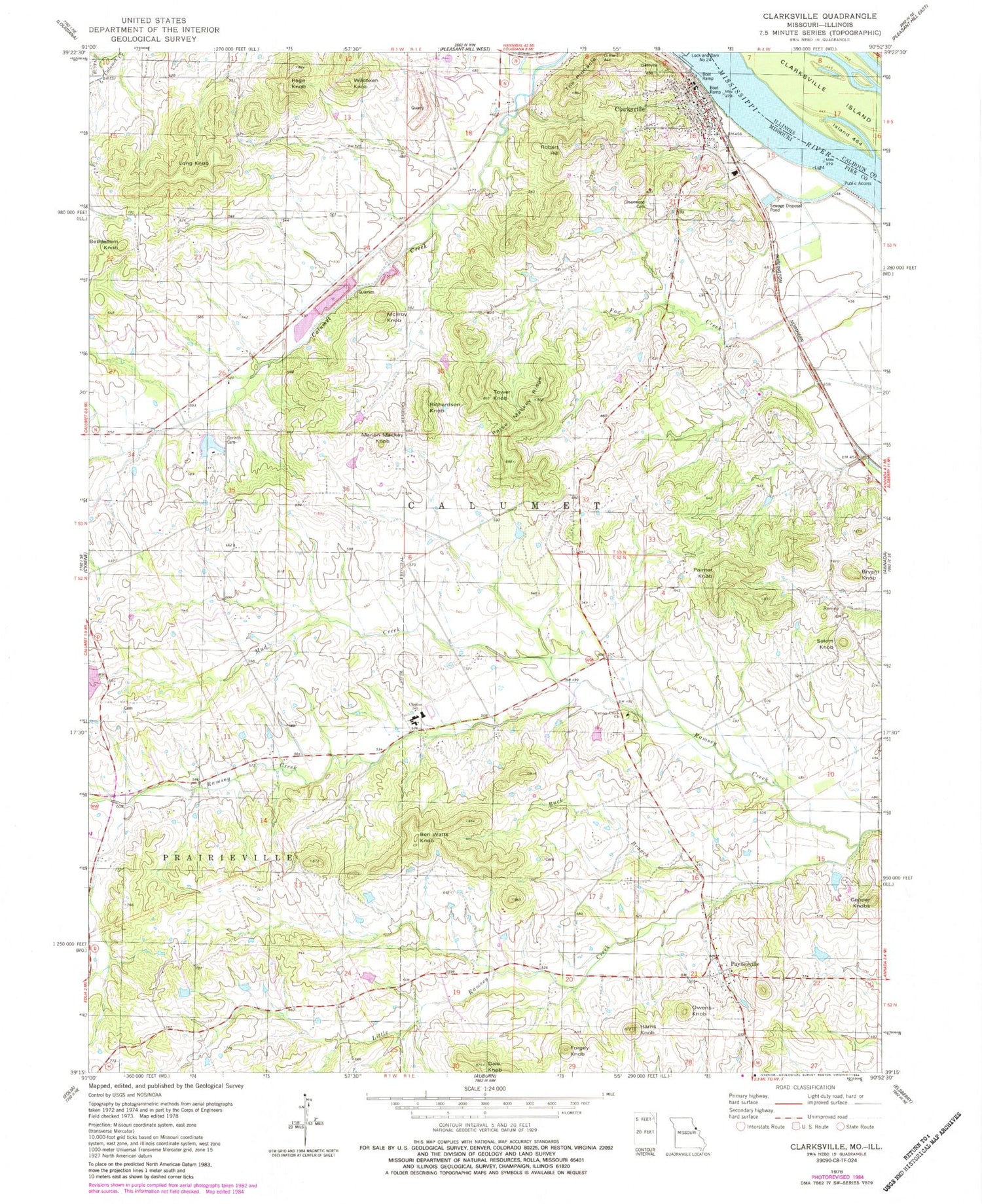Classic USGS Clarksville Missouri 7.5'x7.5' Topo Map Image