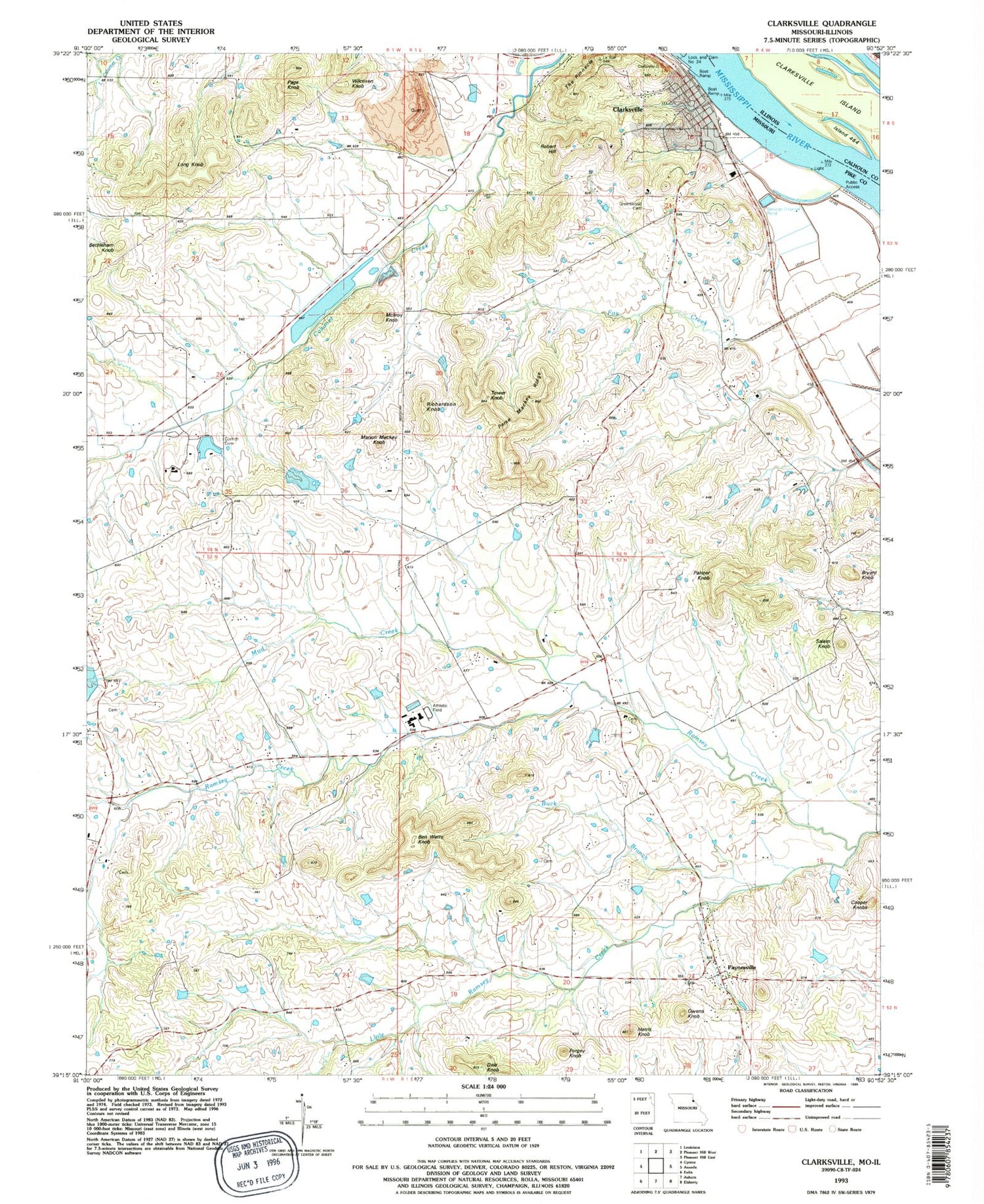 Classic USGS Clarksville Missouri 7.5'x7.5' Topo Map Image