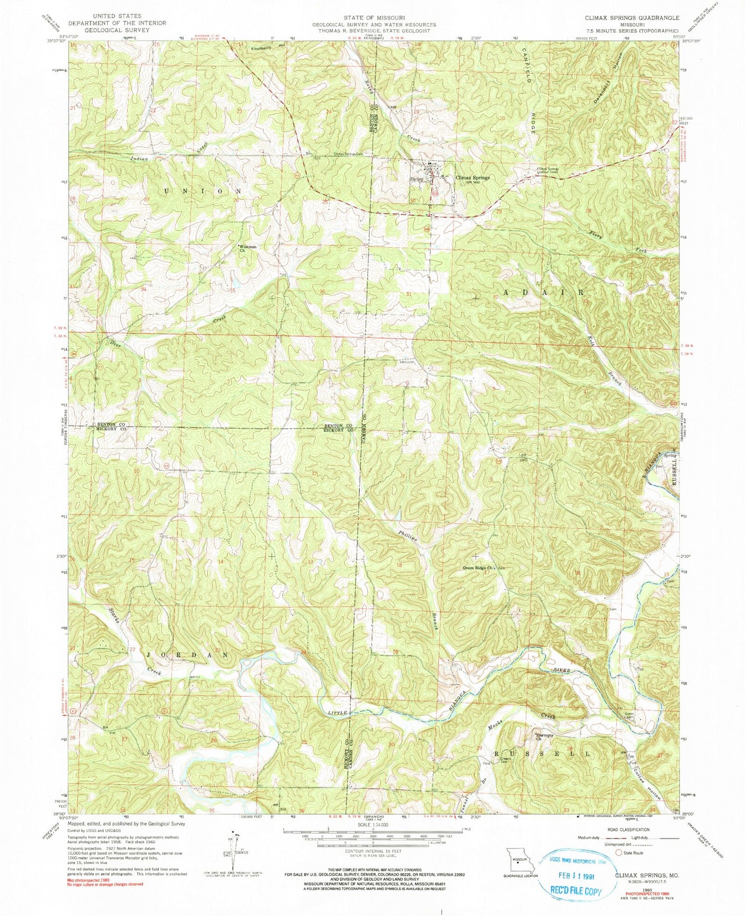Classic USGS Climax Springs Missouri 7.5'x7.5' Topo Map Image
