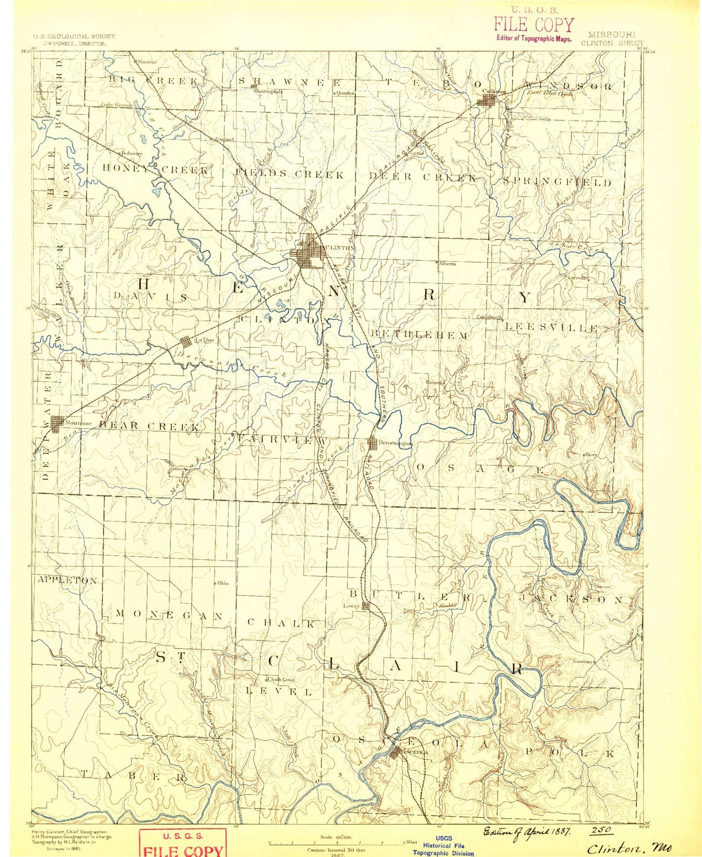 Historic 1887 Clinton Missouri 30'x30' Topo Map Image