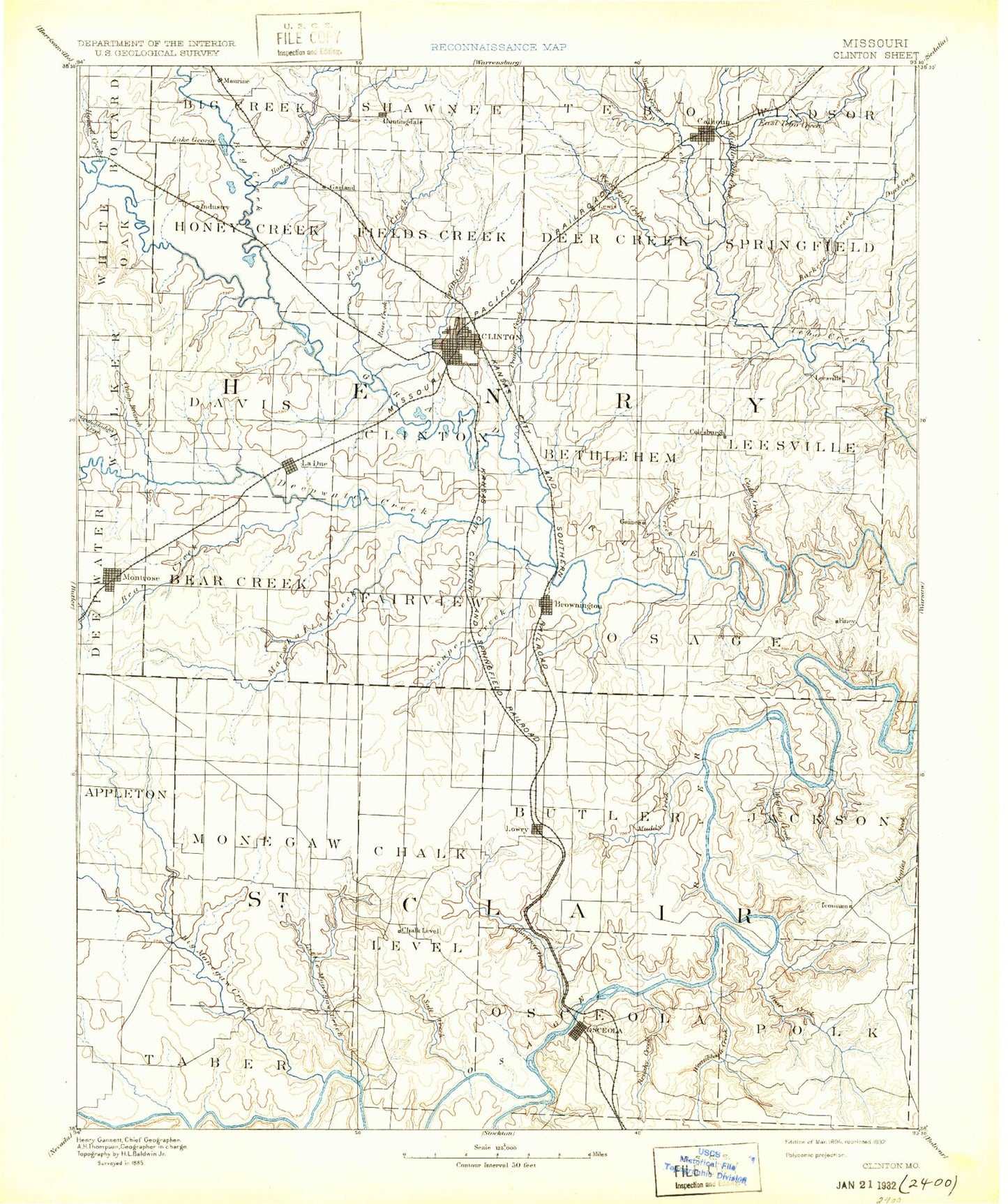 Historic 1894 Clinton Missouri 30'x30' Topo Map Image