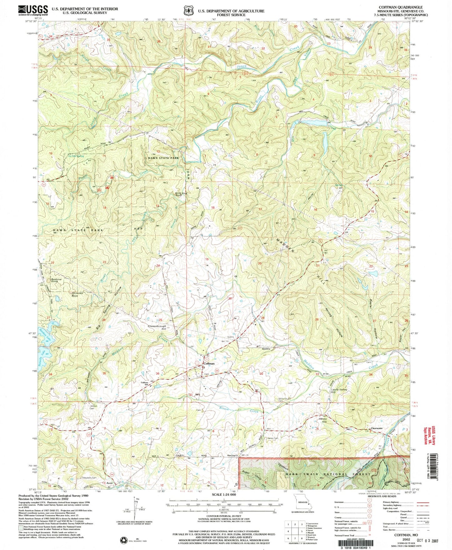 Classic USGS Coffman Missouri 7.5'x7.5' Topo Map Image