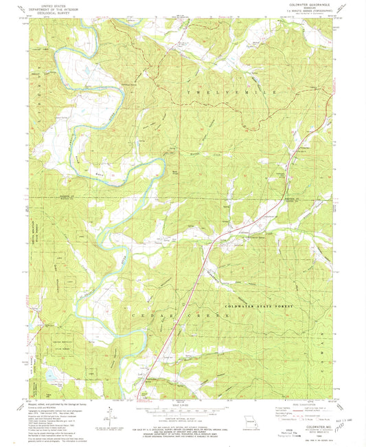 Classic USGS Coldwater Missouri 7.5'x7.5' Topo Map Image