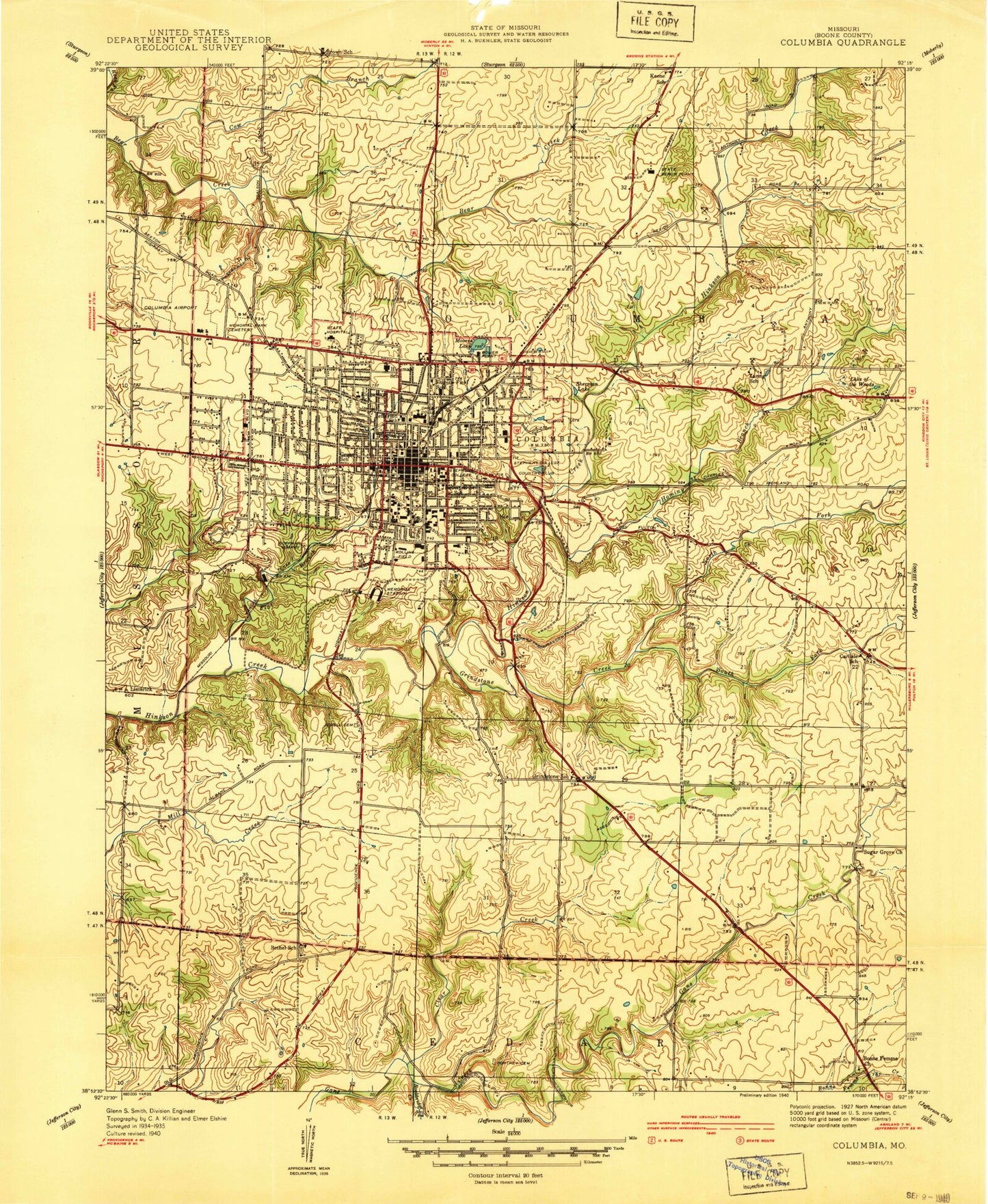 Classic USGS Columbia Missouri 7.5'x7.5' Topo Map Image