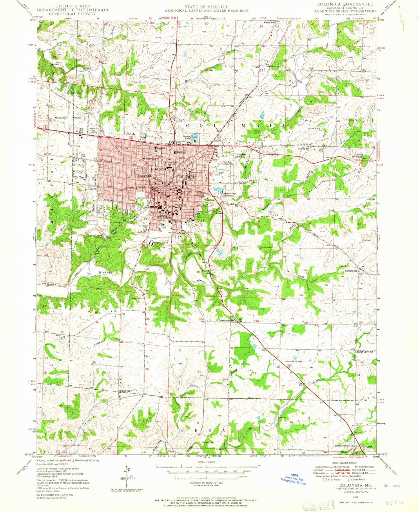 Classic USGS Columbia Missouri 7.5'x7.5' Topo Map Image