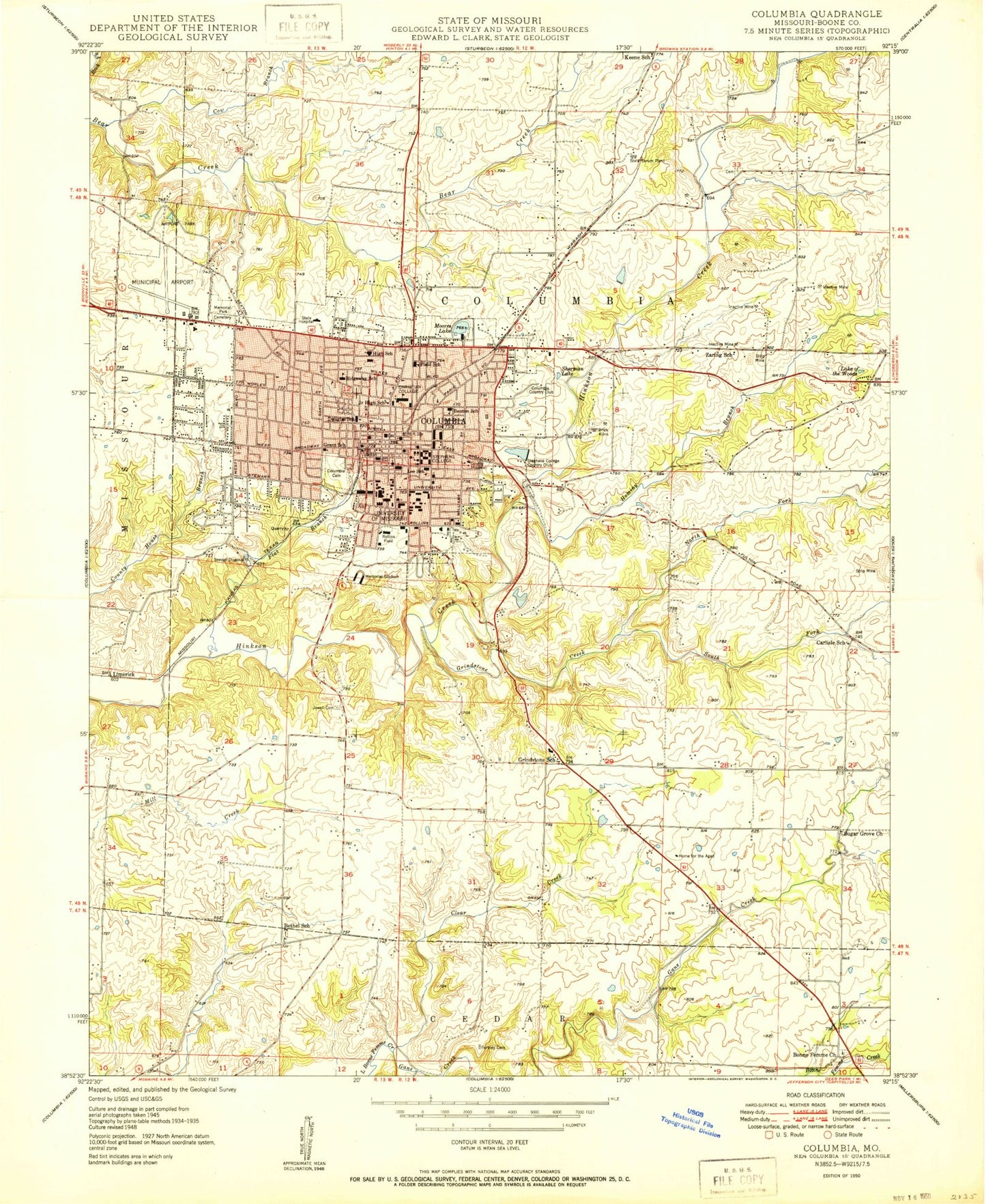 Classic USGS Columbia Missouri 7.5'x7.5' Topo Map Image