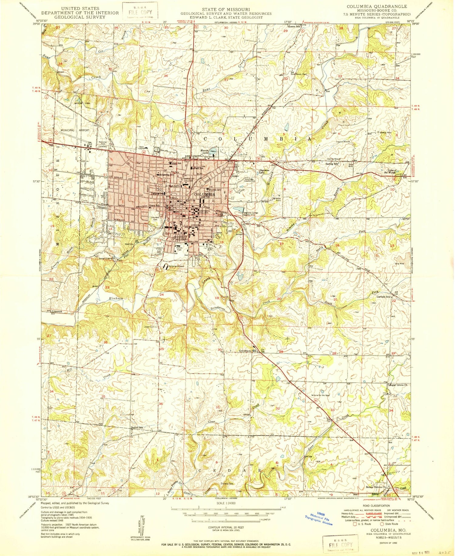 Classic USGS Columbia Missouri 7.5'x7.5' Topo Map Image