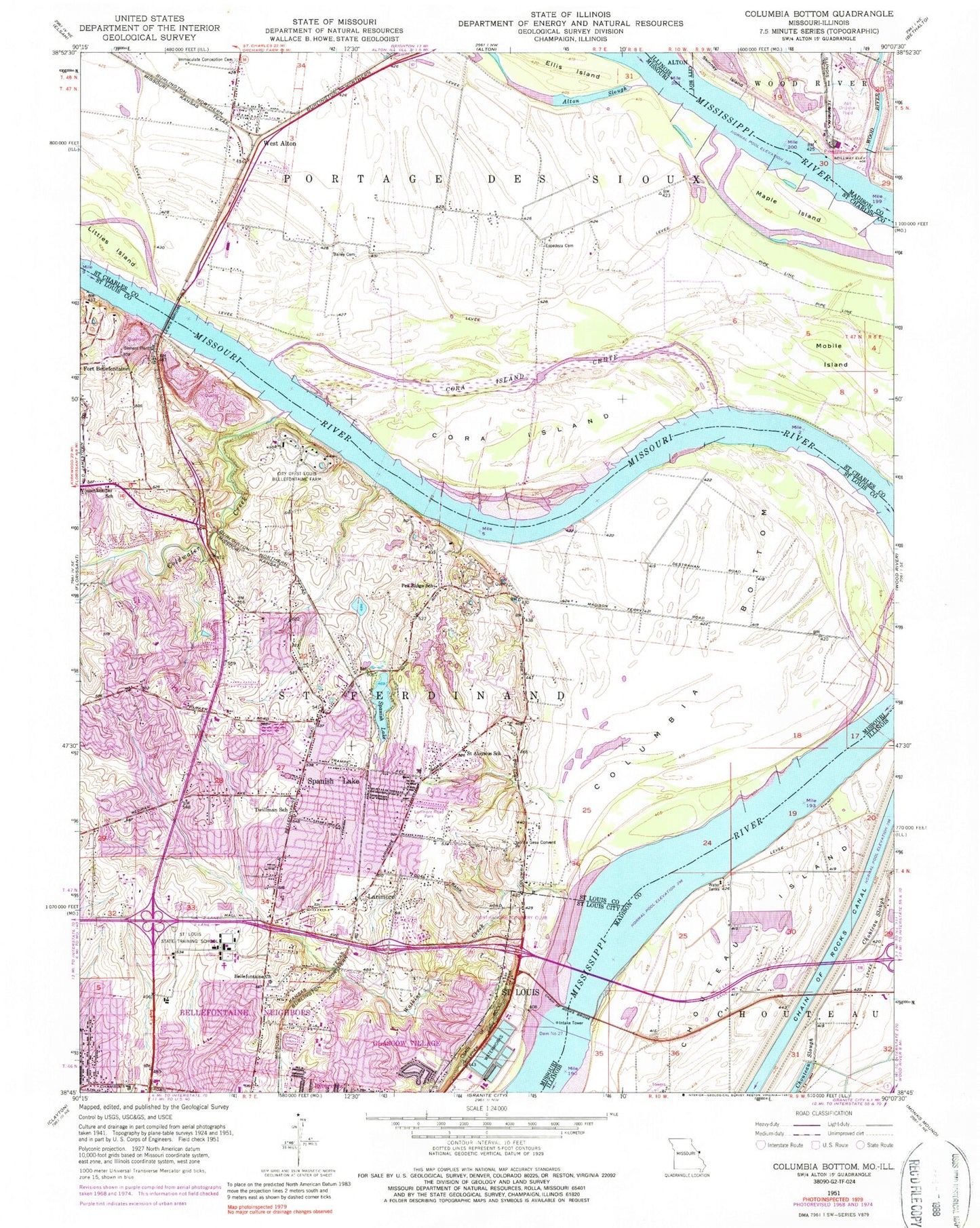 Classic USGS Columbia Bottom Missouri 7.5'x7.5' Topo Map Image