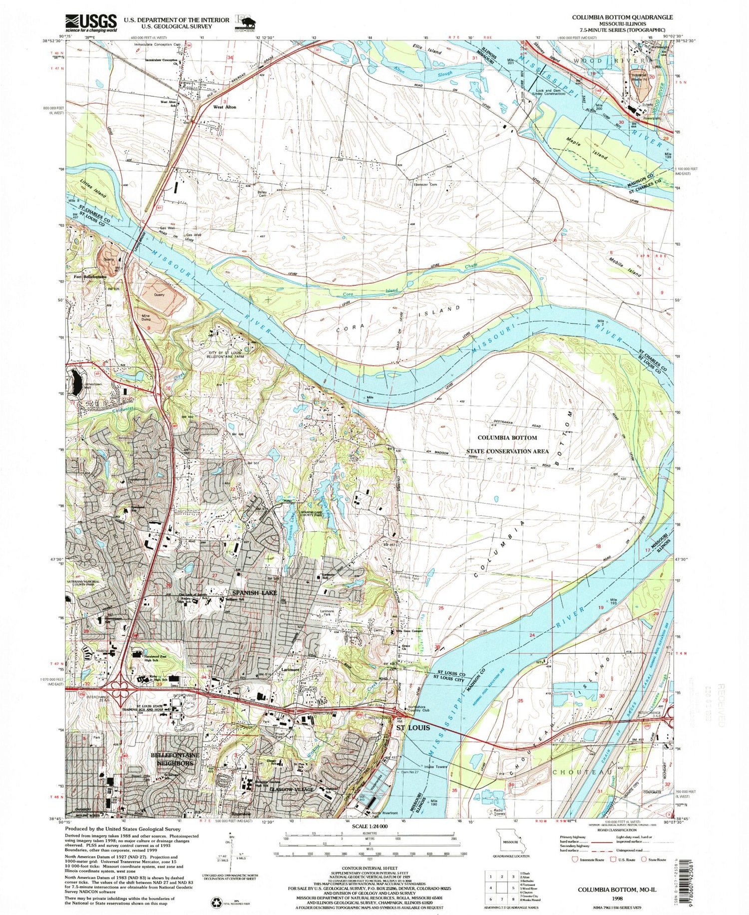 Classic USGS Columbia Bottom Missouri 7.5'x7.5' Topo Map Image