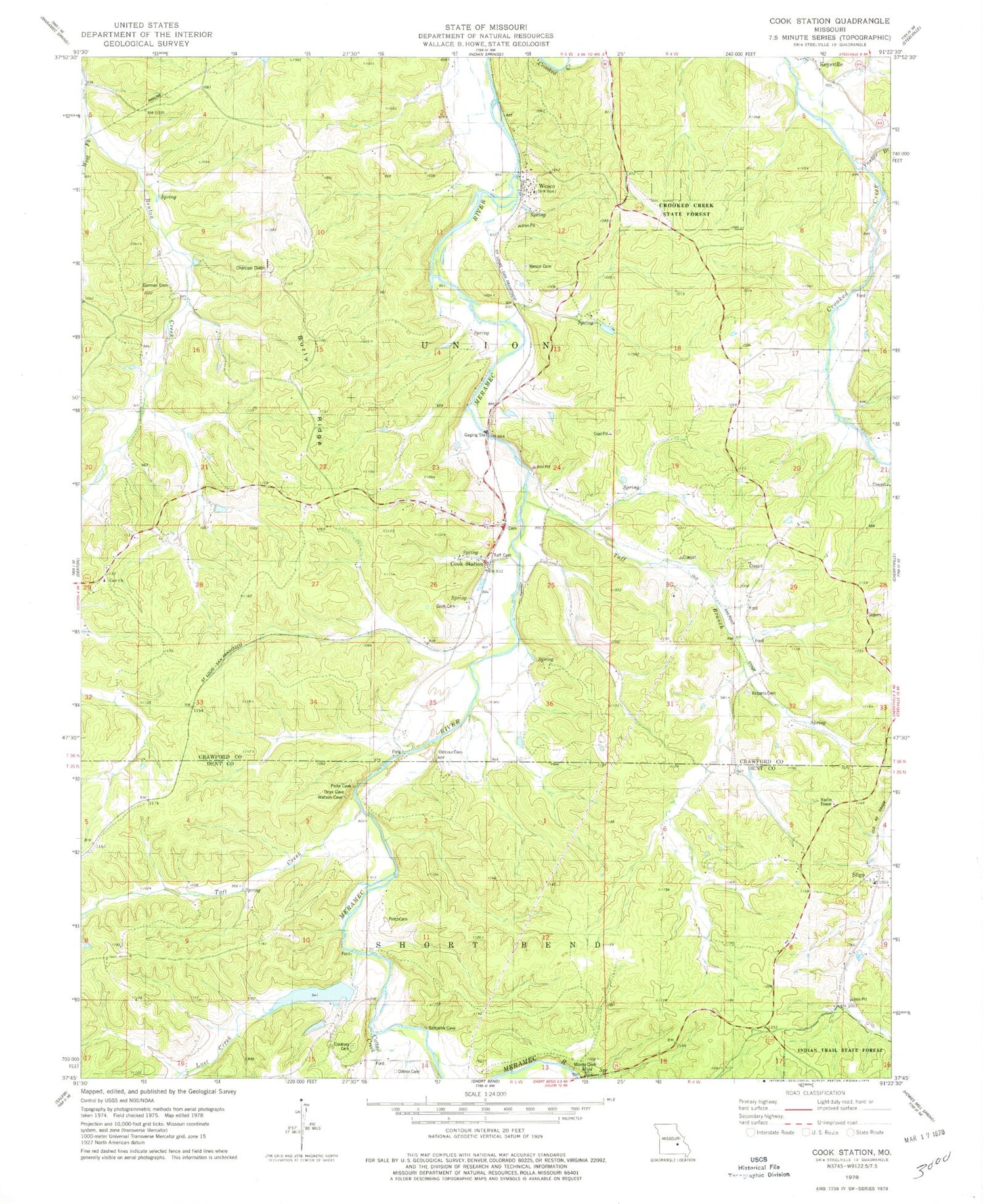 Classic USGS Cook Station Missouri 7.5'x7.5' Topo Map Image