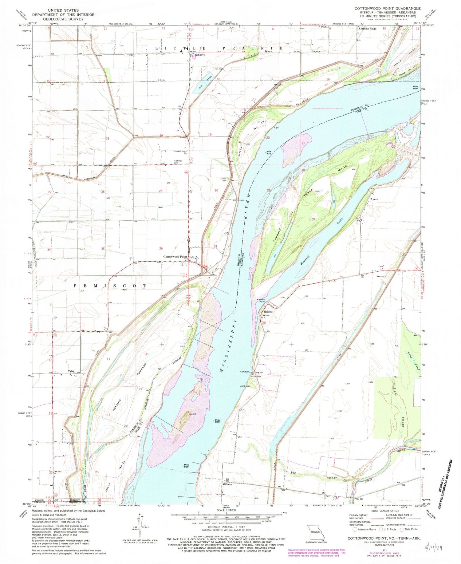 Classic USGS Cottonwood Point Missouri 7.5'x7.5' Topo Map Image
