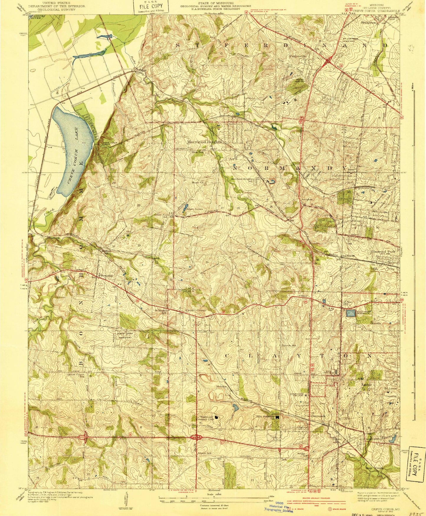 Classic USGS Creve Coeur Missouri 7.5'x7.5' Topo Map Image