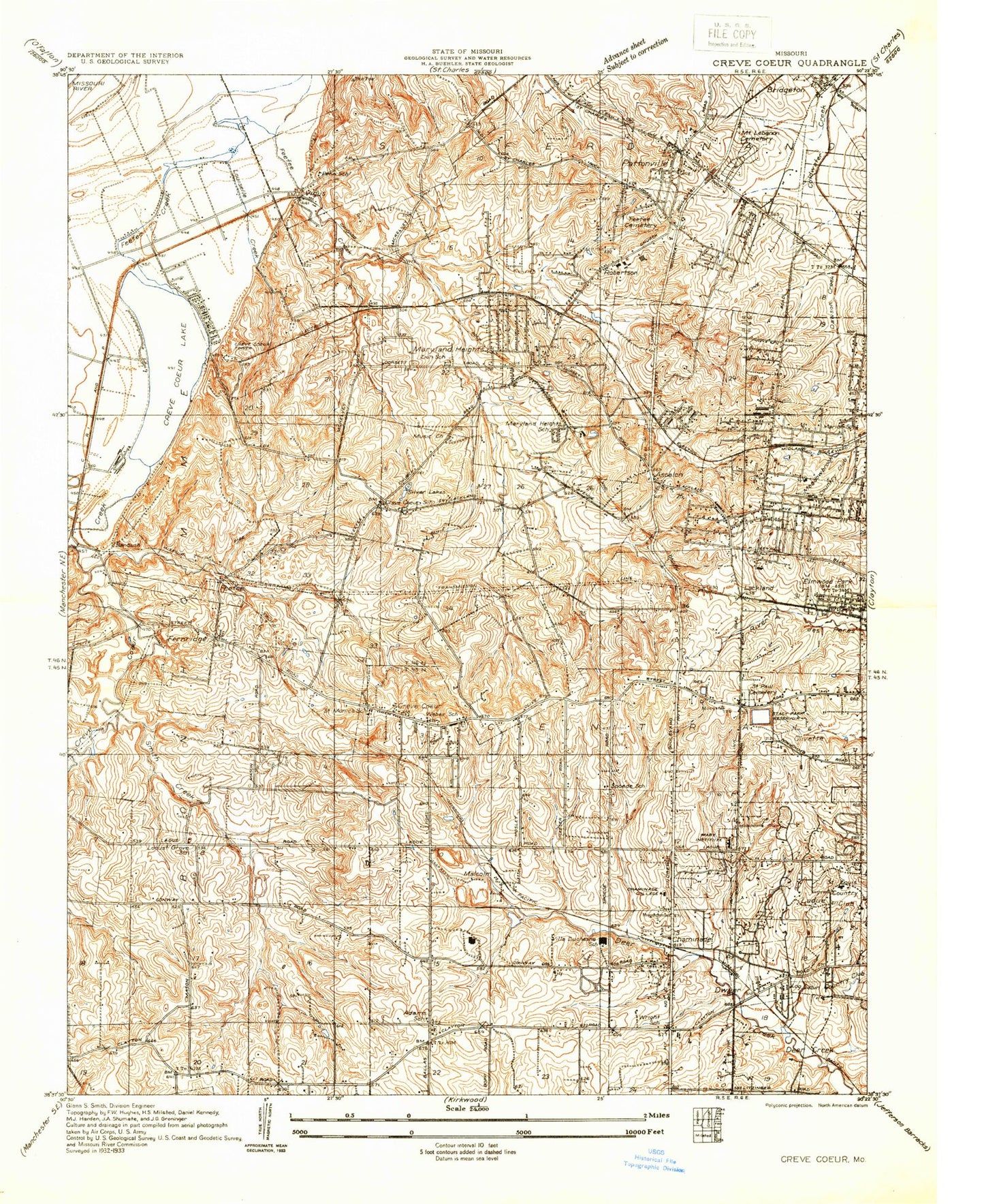 Classic USGS Creve Coeur Missouri 7.5'x7.5' Topo Map Image