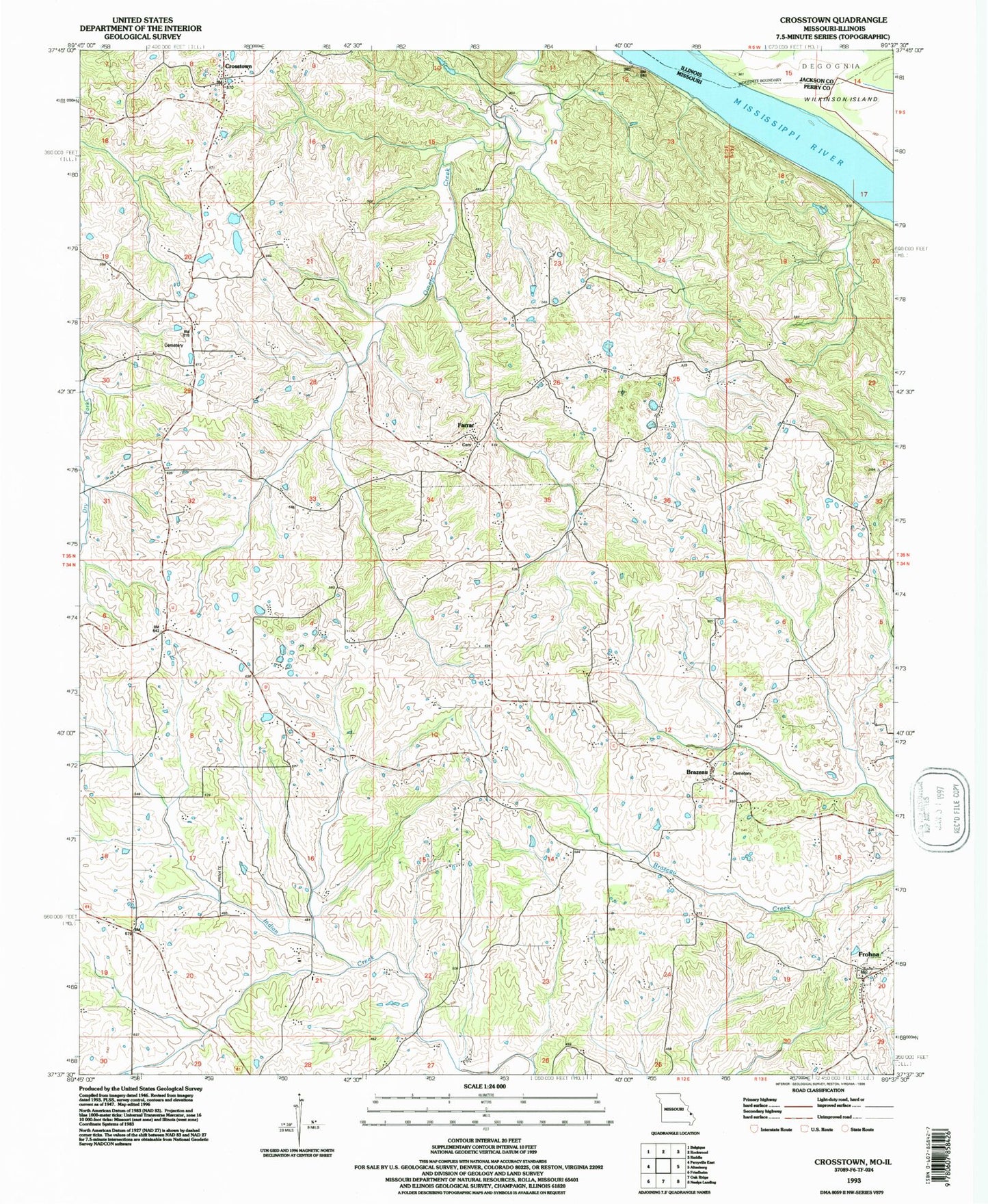 Classic USGS Crosstown Missouri 7.5'x7.5' Topo Map Image