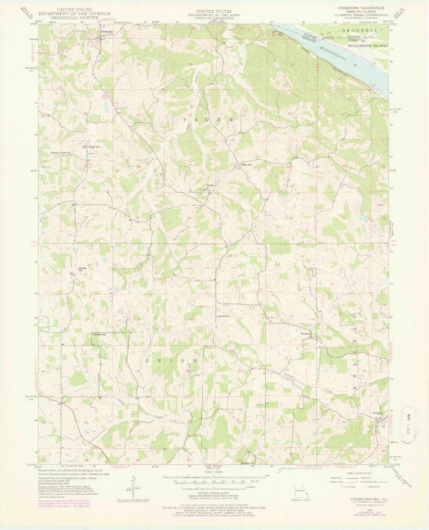 Classic USGS Crosstown Missouri 7.5'x7.5' Topo Map Image