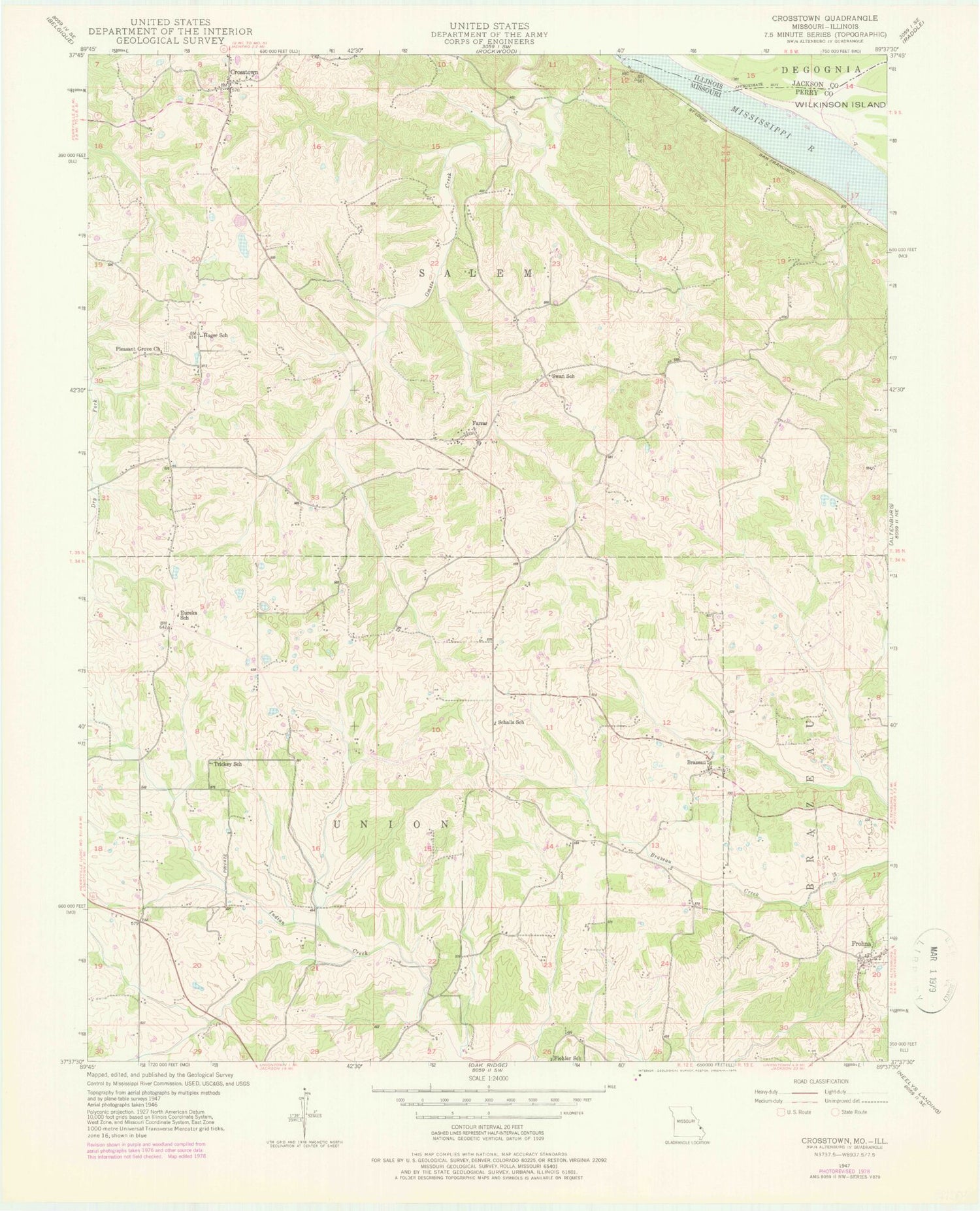 Classic USGS Crosstown Missouri 7.5'x7.5' Topo Map Image