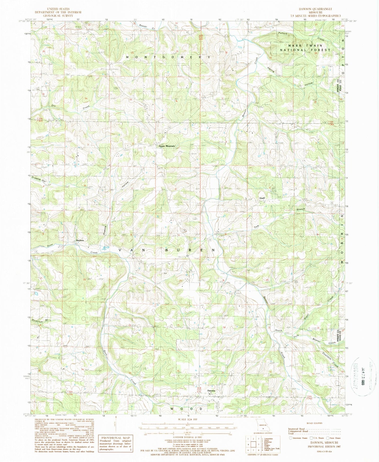 Classic USGS Dawson Missouri 7.5'x7.5' Topo Map Image