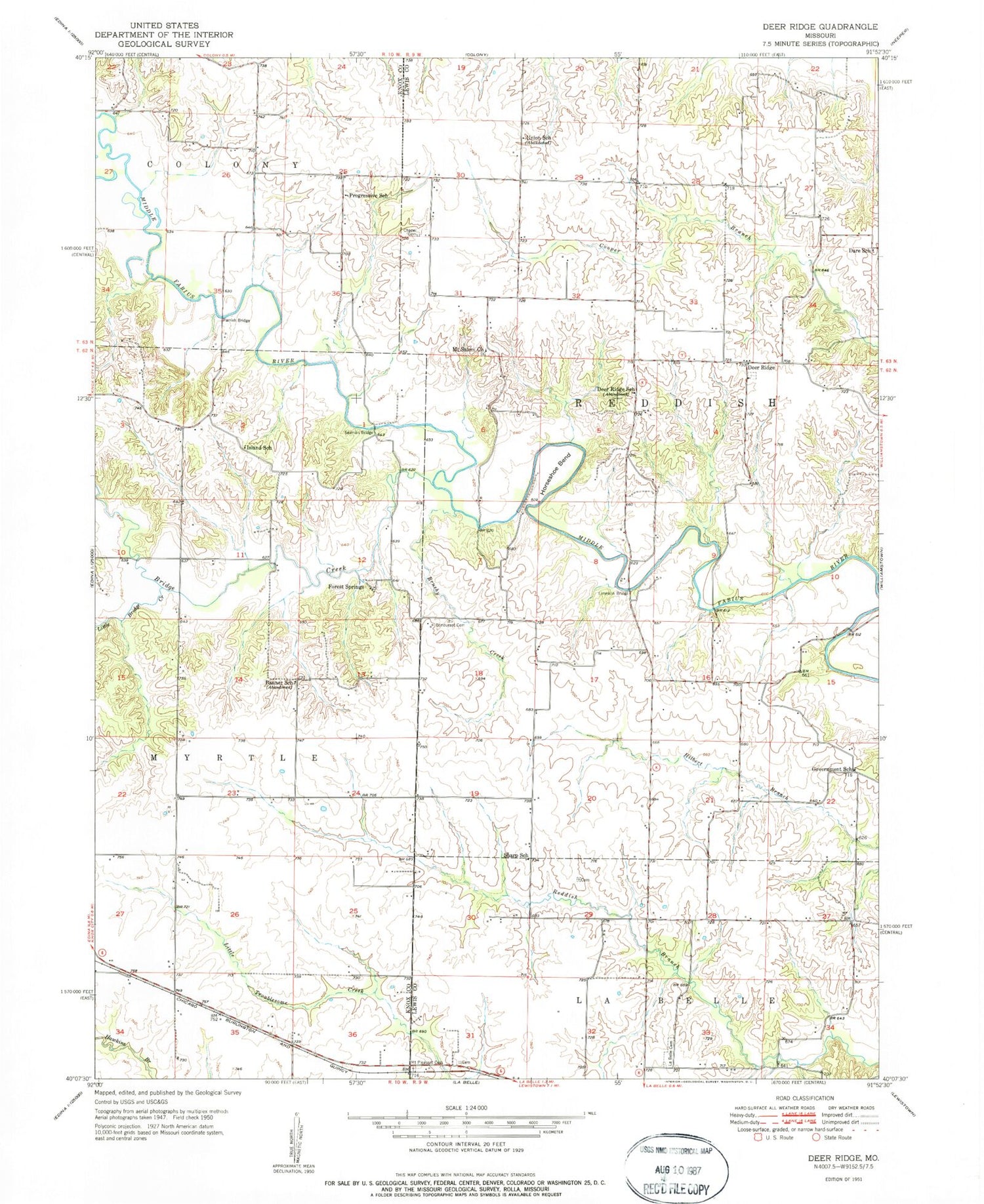 Classic USGS Deer Ridge Missouri 7.5'x7.5' Topo Map Image