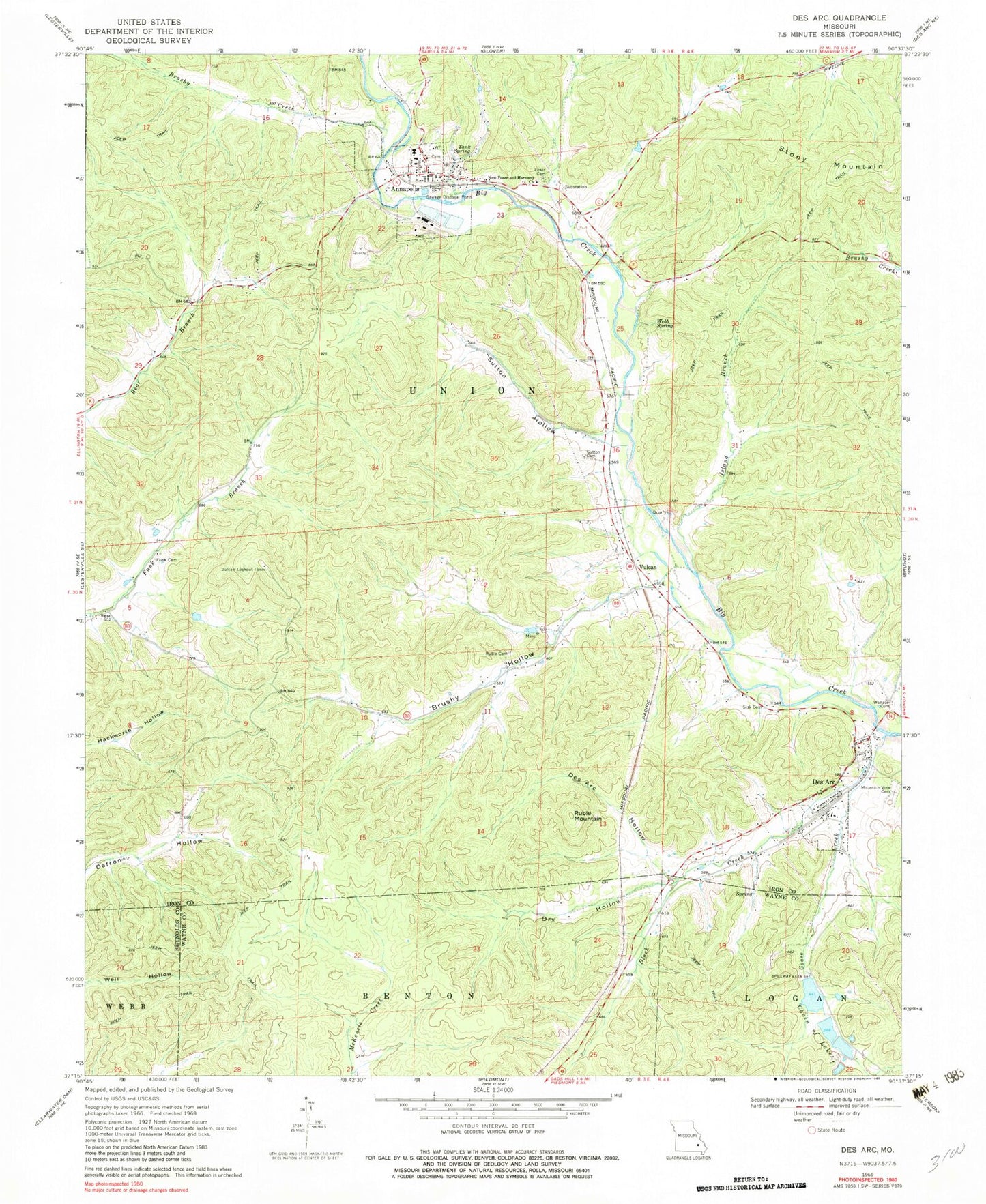 Classic USGS Des Arc Missouri 7.5'x7.5' Topo Map Image