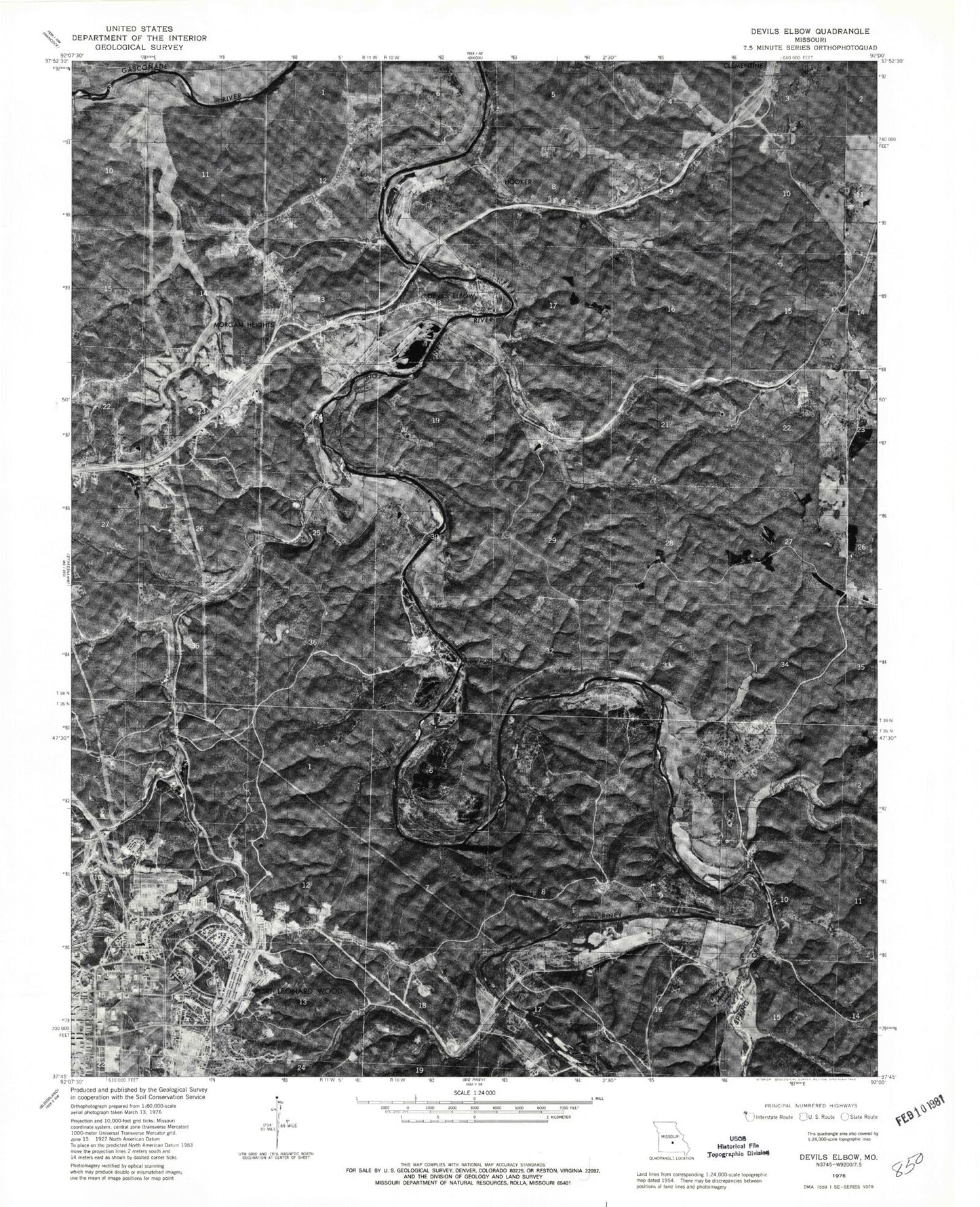 Classic USGS Devils Elbow Missouri 7.5'x7.5' Topo Map Image