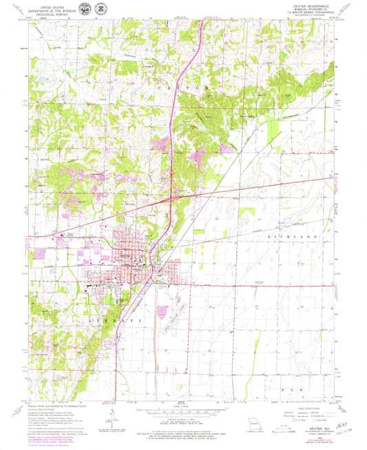 Classic USGS Dexter Missouri 7.5'x7.5' Topo Map Image