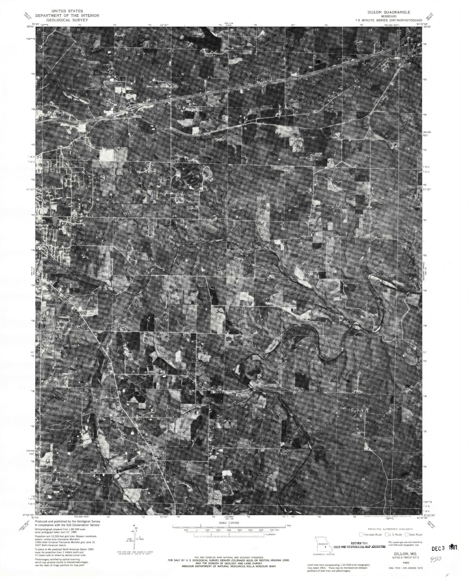 Classic USGS Dillon Missouri 7.5'x7.5' Topo Map Image