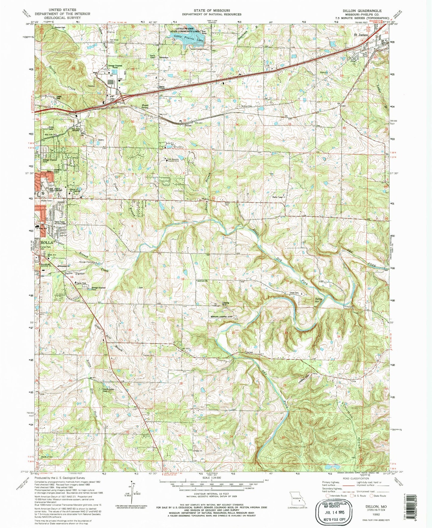 Classic USGS Dillon Missouri 7.5'x7.5' Topo Map Image