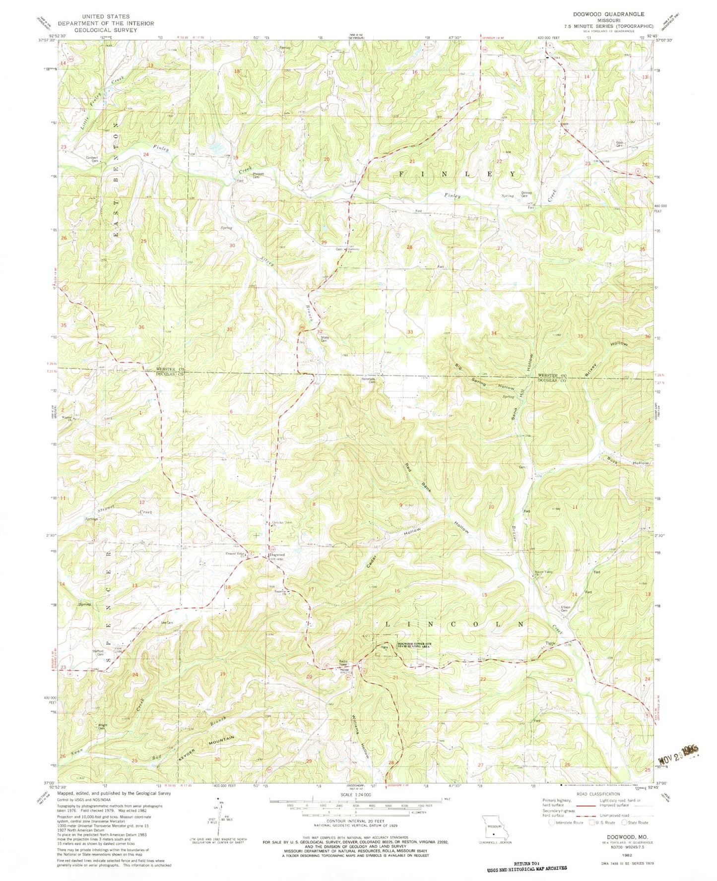 Classic USGS Dogwood Missouri 7.5'x7.5' Topo Map Image