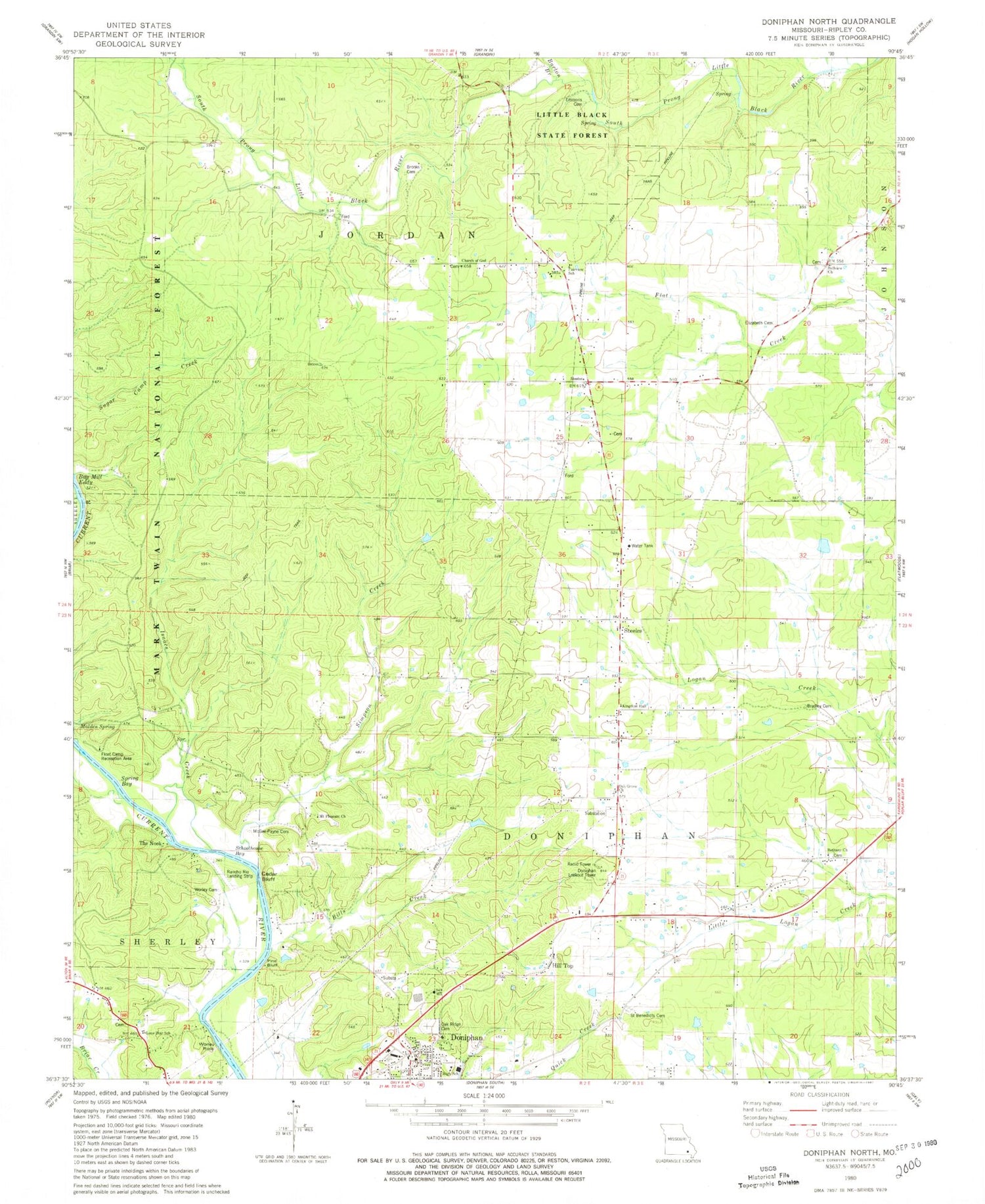 Classic USGS Doniphan North Missouri 7.5'x7.5' Topo Map Image