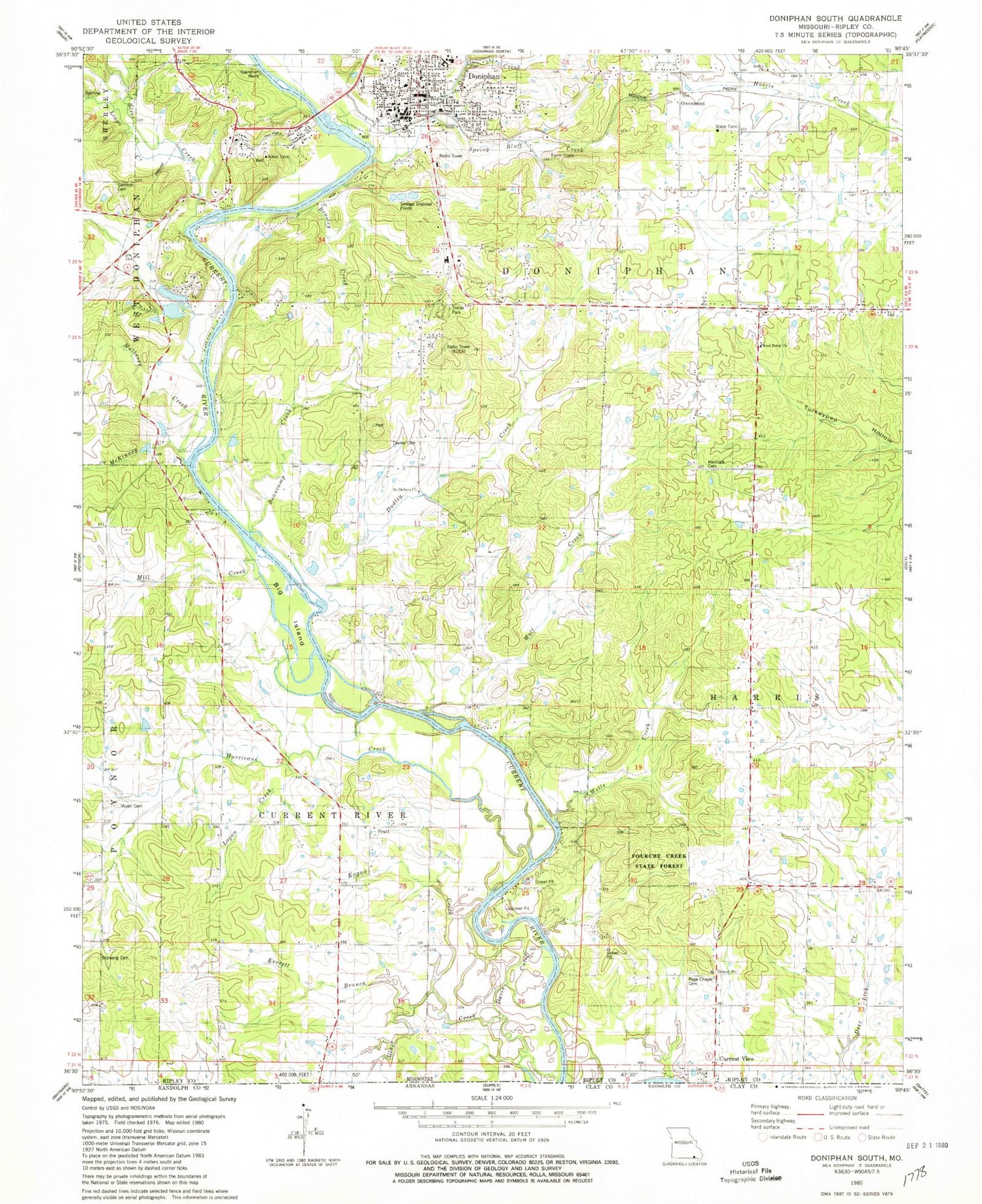 Classic USGS Doniphan South Missouri 7.5'x7.5' Topo Map Image