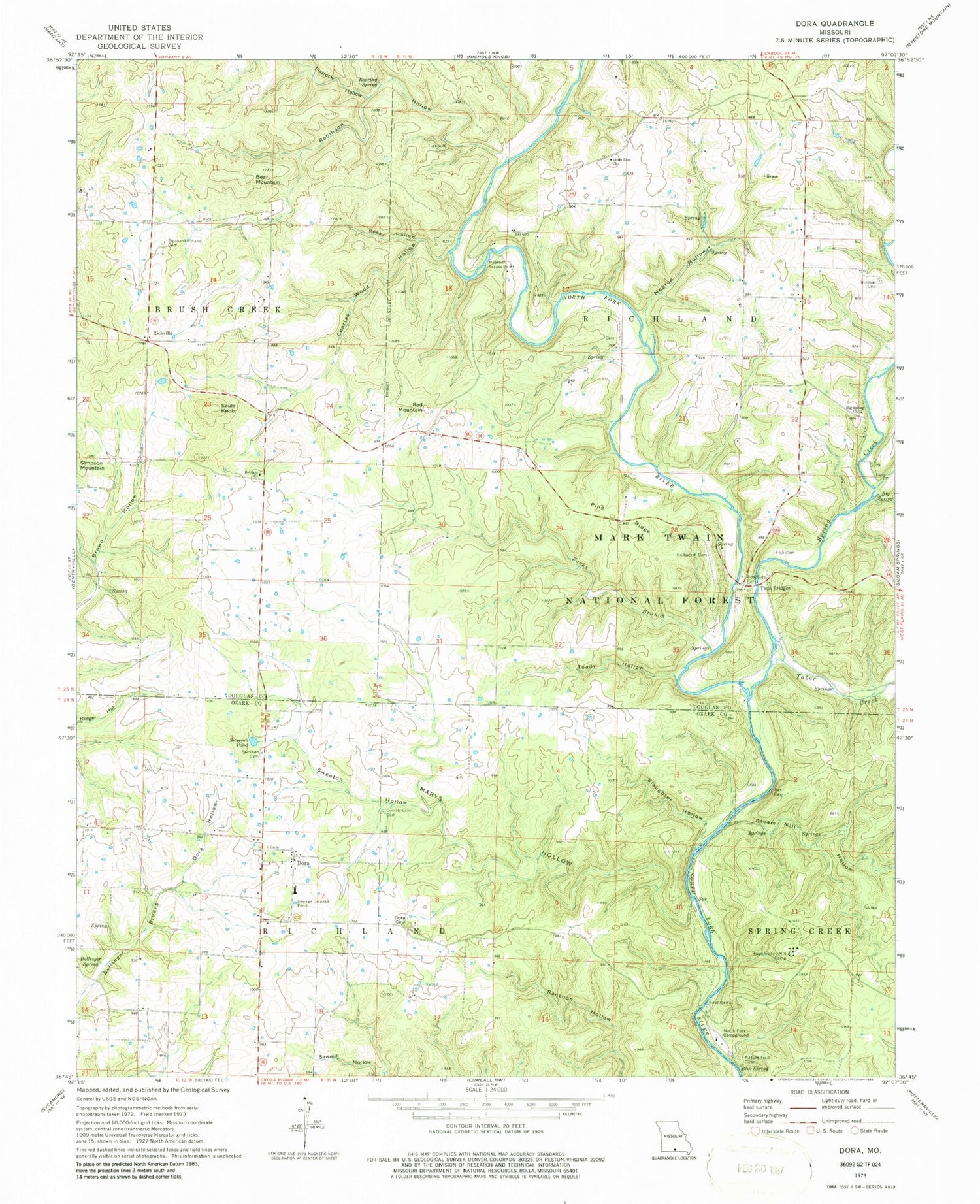 Classic USGS Dora Missouri 7.5'x7.5' Topo Map Image