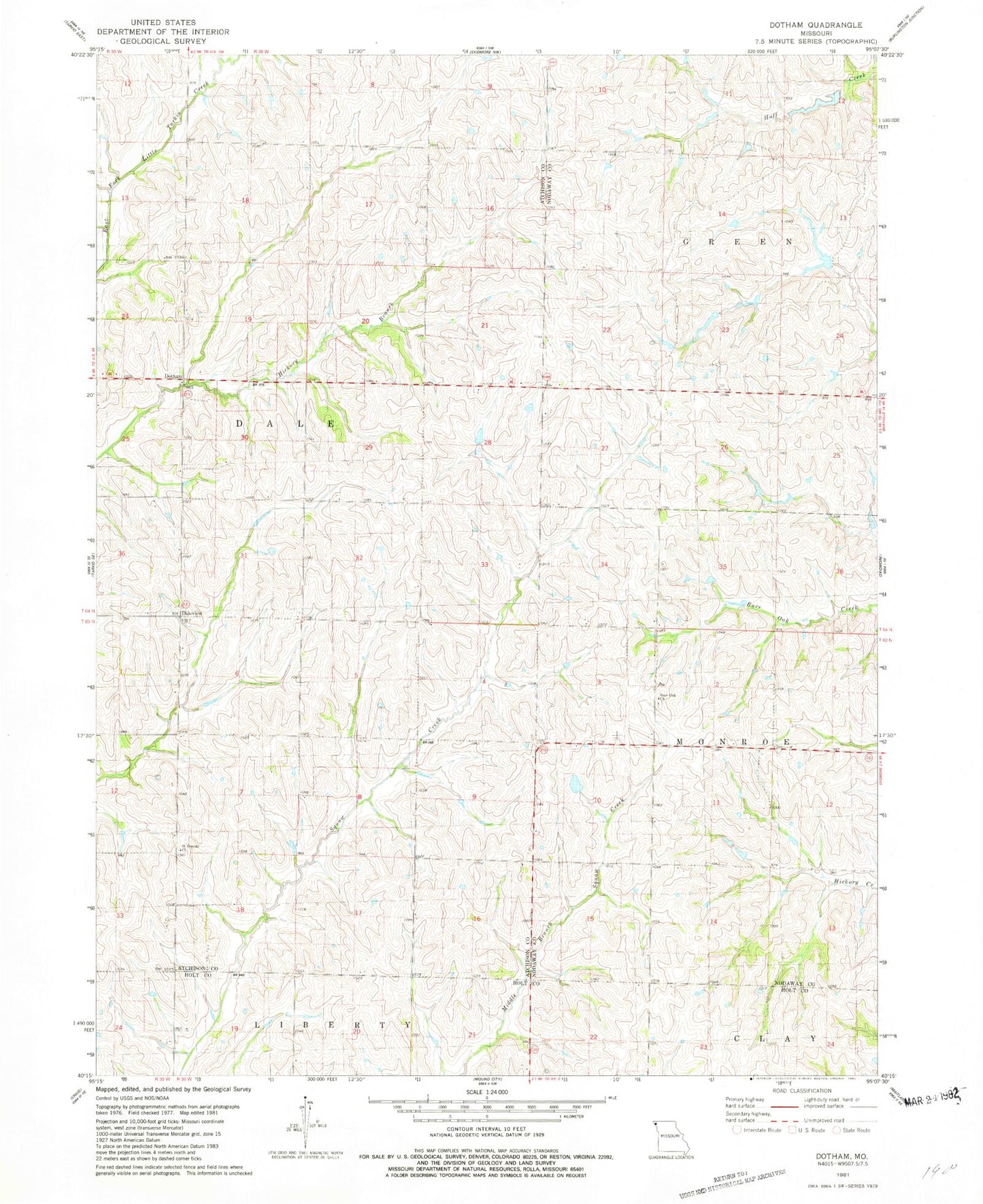 Classic USGS Dotham Missouri 7.5'x7.5' Topo Map Image
