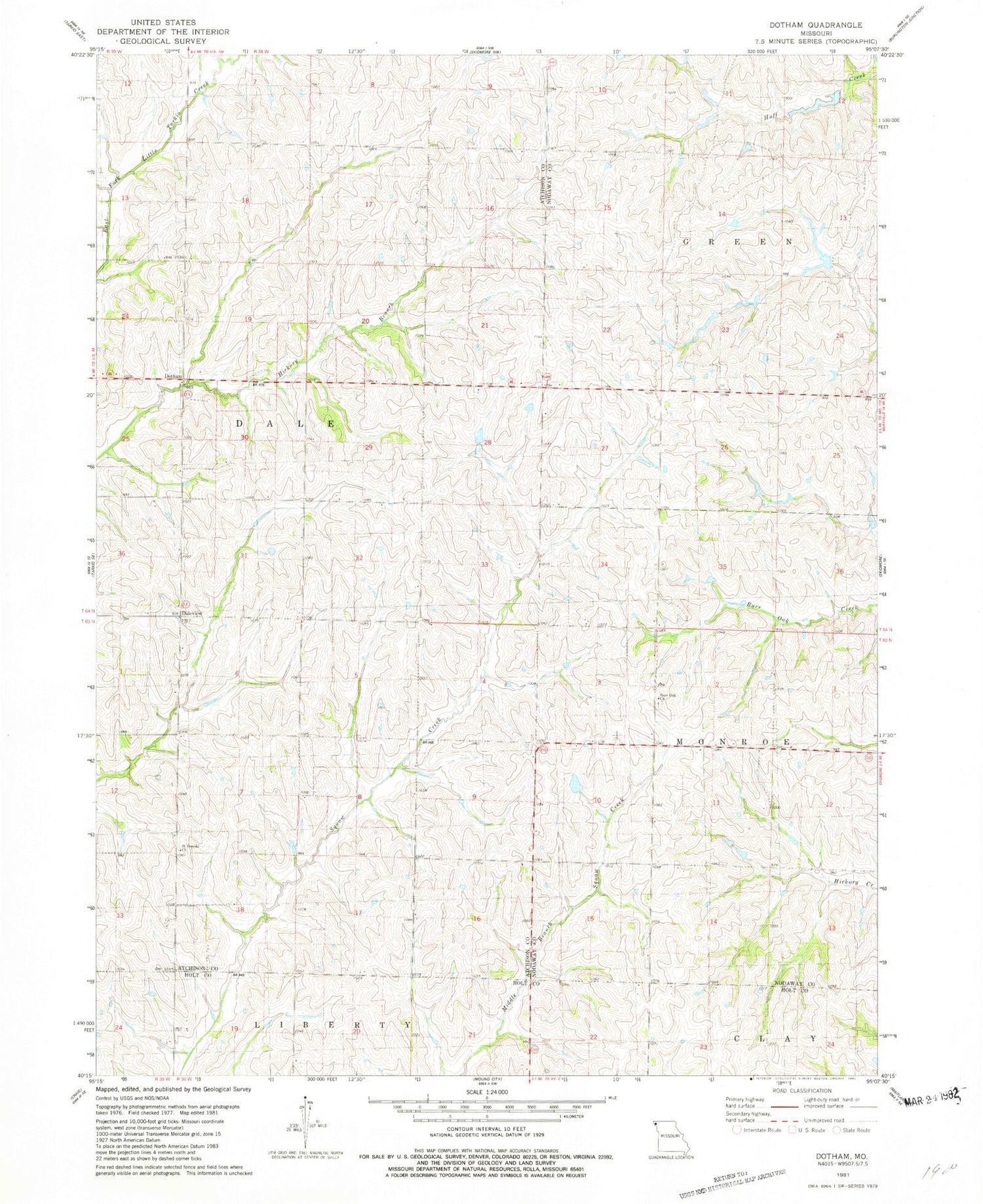 Classic USGS Dotham Missouri 7.5'x7.5' Topo Map Image