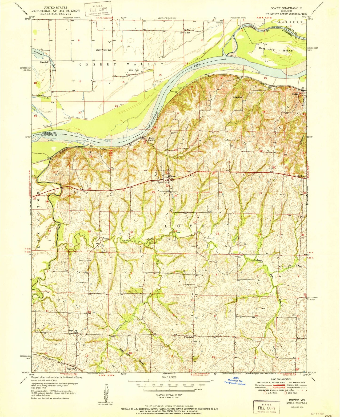 Classic USGS Dover Missouri 7.5'x7.5' Topo Map Image