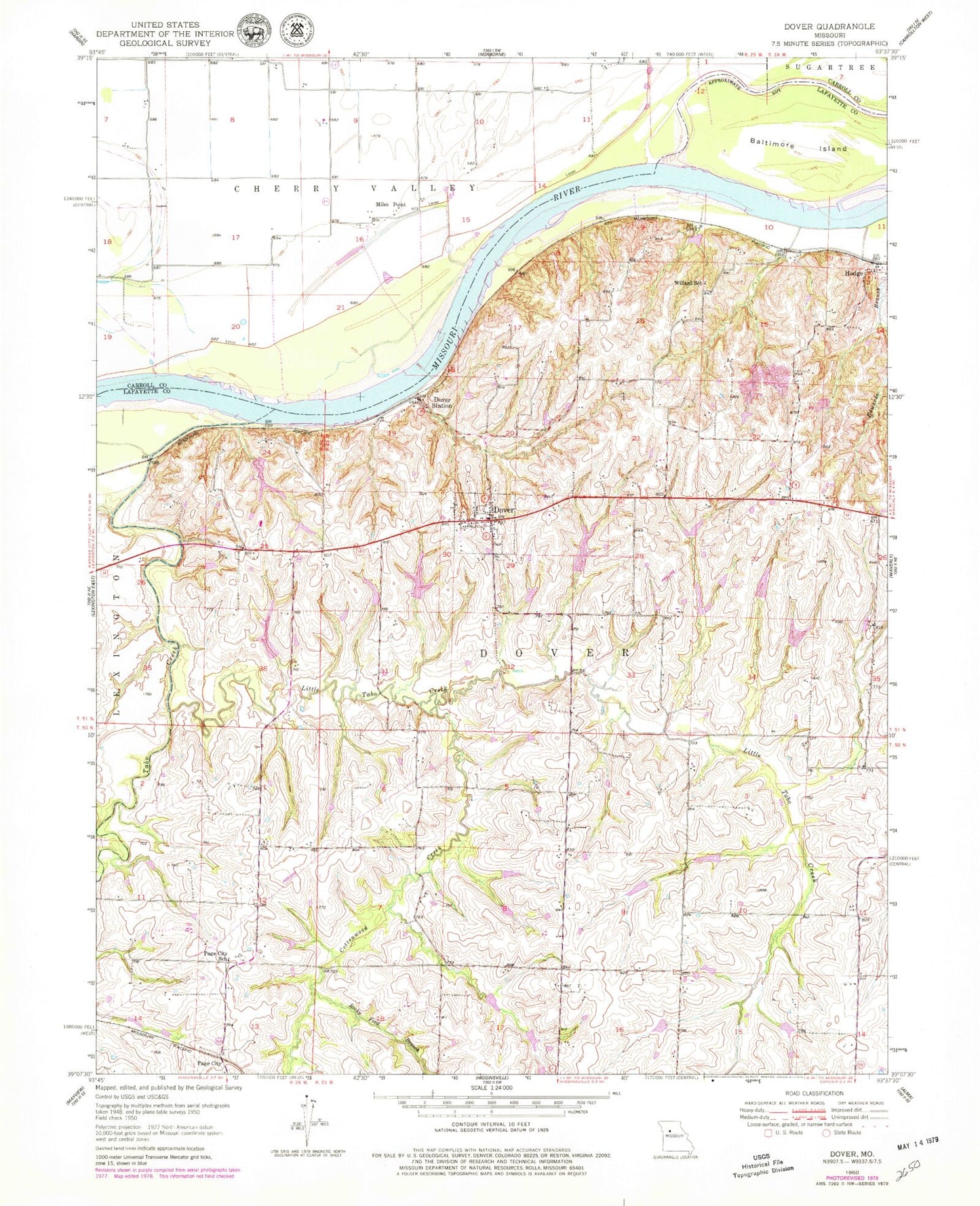 Classic USGS Dover Missouri 7.5'x7.5' Topo Map Image