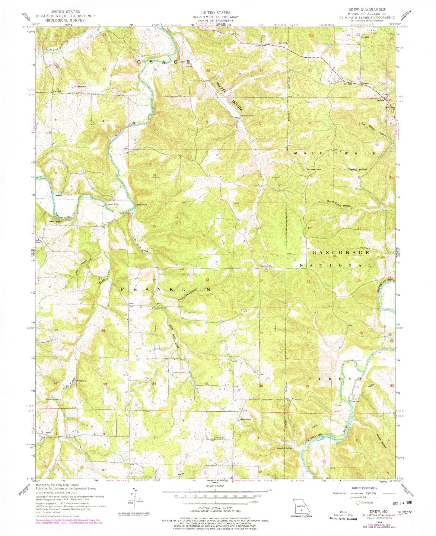 Classic USGS Drew Missouri 7.5'x7.5' Topo Map Image
