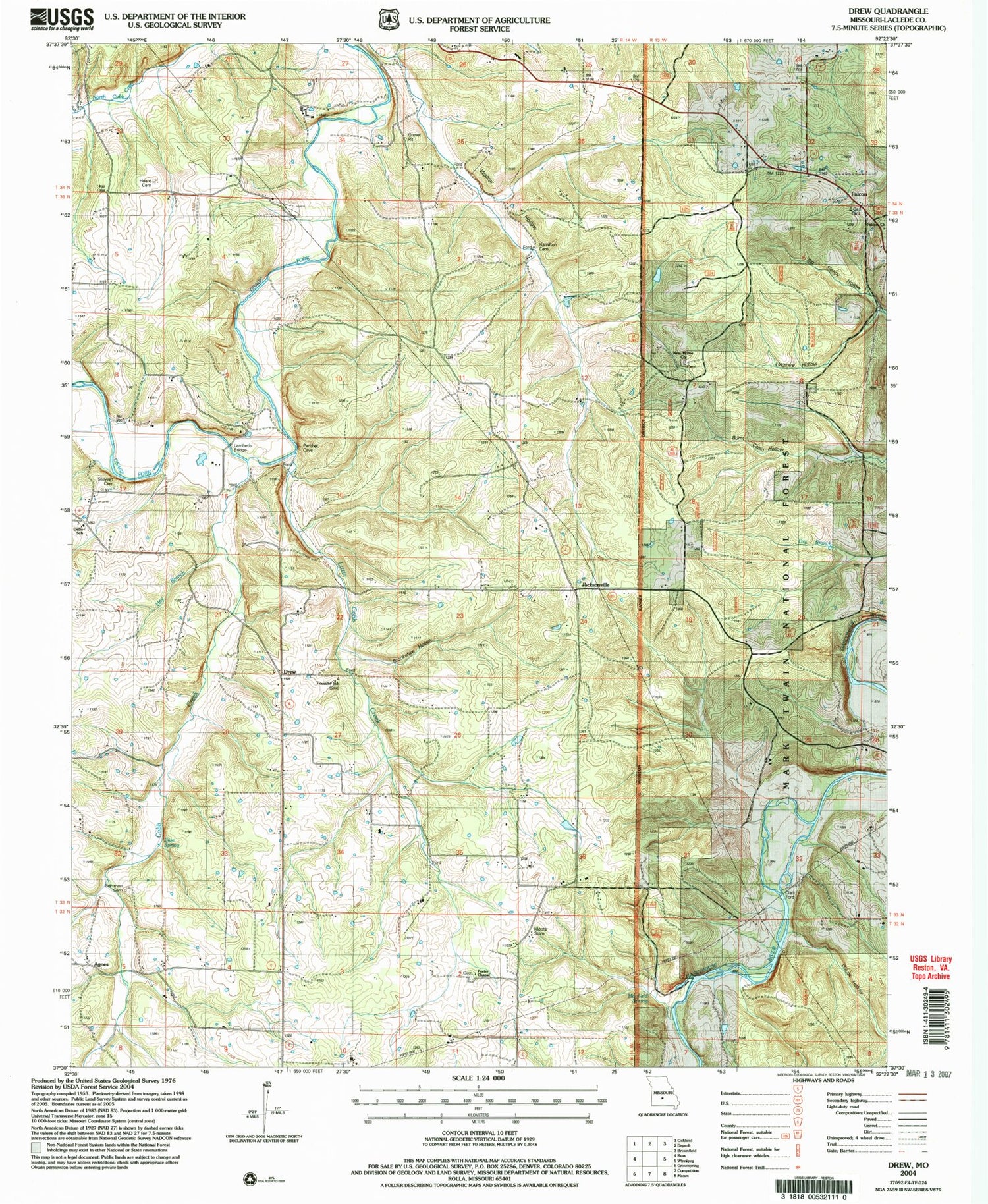 Classic USGS Drew Missouri 7.5'x7.5' Topo Map Image